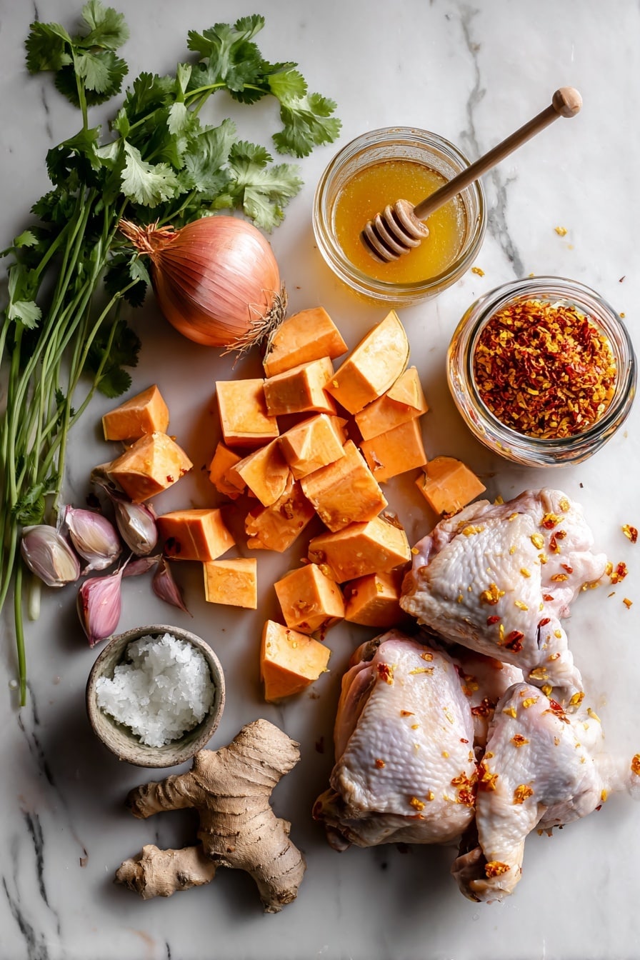 Flat lay of peeled sweet potato chunks, quartered shallots, fresh ginger root pieces, garlic cloves, a small bowl of white miso paste, a jar of red chili crisp, a honey dipper with golden honey dripping, fresh cilantro sprigs, and bone-in skin-on chicken thighs arranged beautifully with vibrant colors and textures, placed on a white marble surface, photo taken with an iphone --ar 2:3 --v 7 - Sheet-Pan Miso Chicken & Sweet Potatoes, easy miso chicken dinner, sheet pan chicken and sweet potatoes, healthy weeknight meal, flavorful roasted chicken