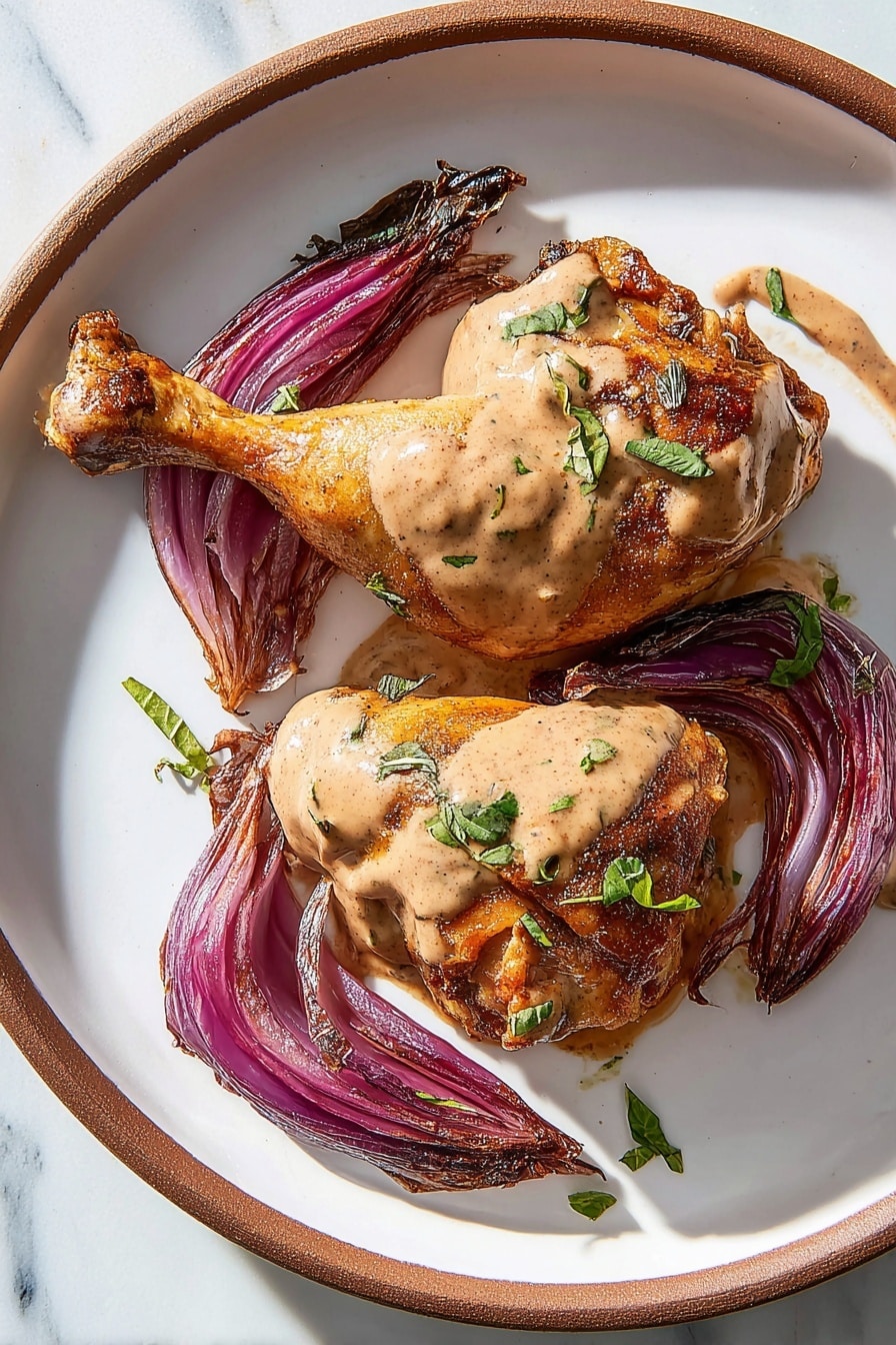 On a white plate with a brown rim, there are two browned cooked chicken pieces, a drumstick on the left and a thigh on the right. Both pieces have a smooth light brown sauce drizzled on top with small green herb leaves sprinkled over them. Surrounding the chicken are several caramelized red onion wedges that are deep purple and slightly shiny. A silver fork is placed on the right side of the plate, resting against the chicken thigh. The plate sits on a white marbled surface with soft natural light shining on the food. photo taken with an iphone --ar 2:3 --v 7 - Sheet-Pan Roasted Red Onion Chicken with Herb and Onion Sauce, roasted onion chicken, easy sheet-pan chicken dinner, savory herb onion sauce, one-pan chicken recipe