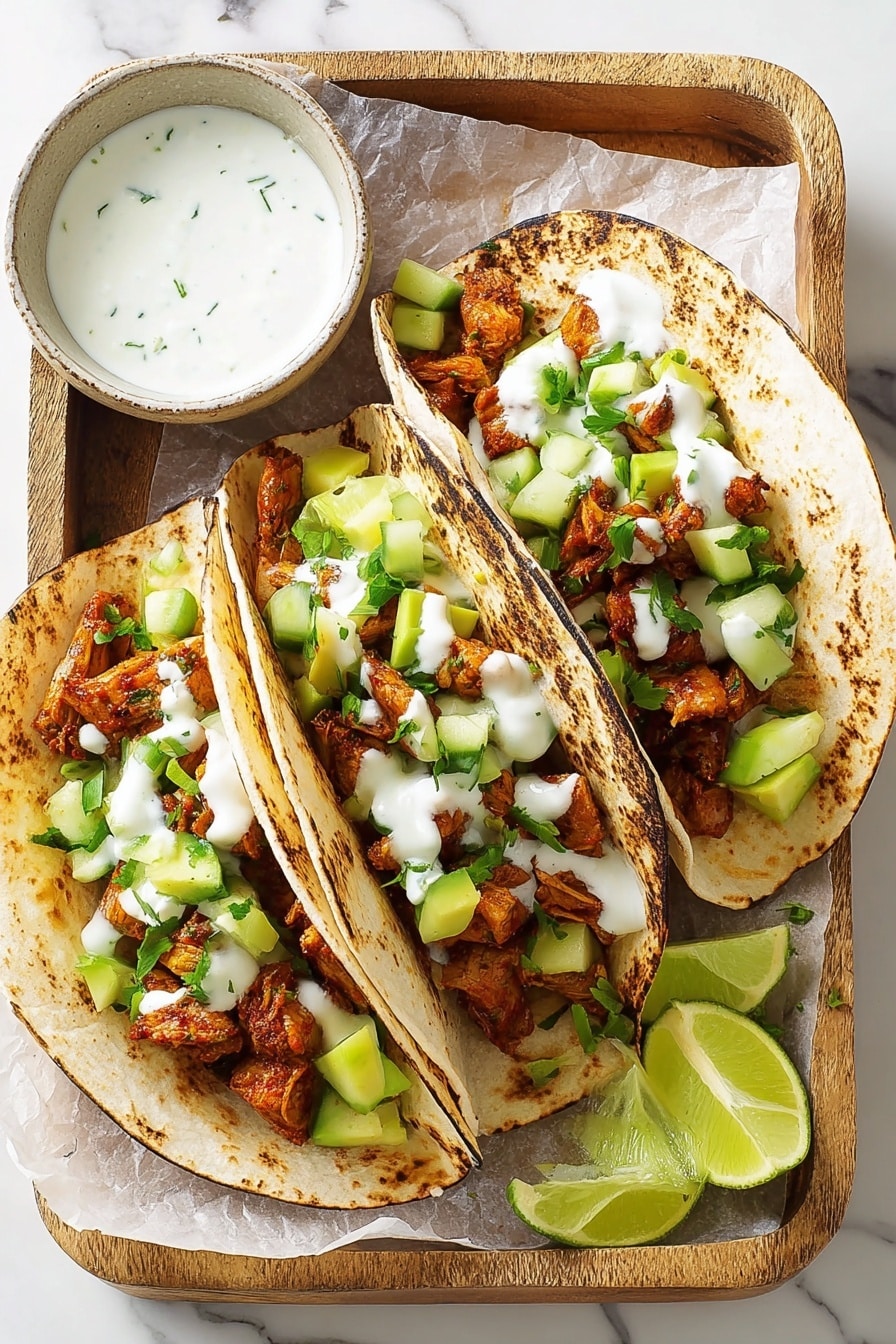 Three soft flour tortillas are filled with layers of cooked reddish-brown chicken pieces at the bottom, topped with a mix of chopped light green cucumber and darker green jalapeño pieces, and drizzled with white creamy sauce. The tacos are placed side by side on a wooden tray lined with parchment paper. To the lower left of the tacos, there is a small white bowl filled with more white sauce. Some lime wedges and bits of green vegetable are scattered around the tray. The background surface is a white marbled texture. Photo taken with an iphone --ar 2:3 --v 7 - Jackfruit Tacos with Green Apple Salsa, plant-based tacos, vegan taco recipes, healthy vegetarian tacos, fresh fruit salsa recipes
