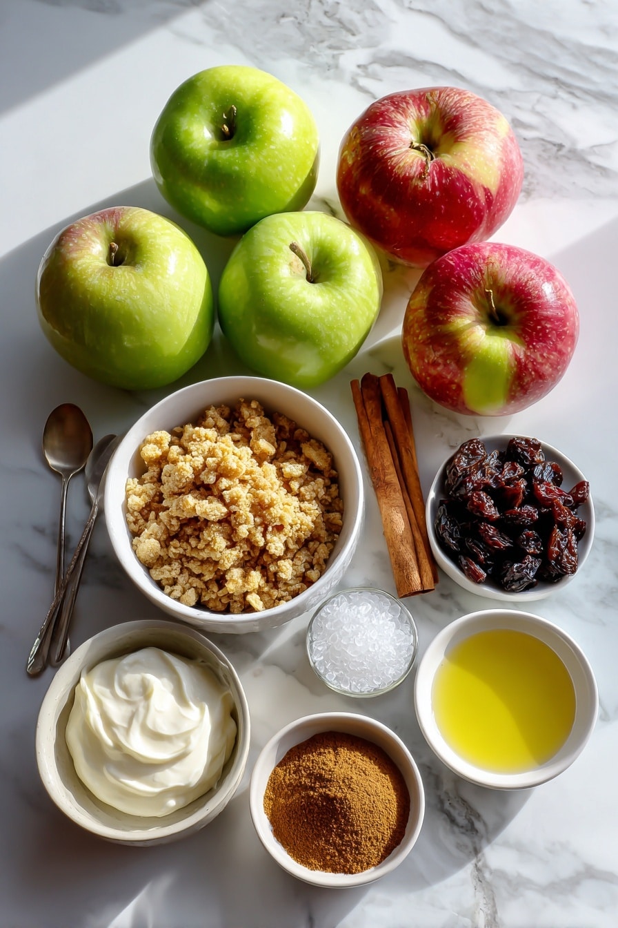 Flat lay of bright red and green peeled and chopped apples, golden toasted fresh bread crumbs, plump dark raisins, a small bowl of light brown ground cinnamon powder, sparkling white sugar crystals, a pool of melted golden butter, and a dollop of creamy pale sour cream arranged neatly and beautifully on a white marble surface, photo taken with an iphone --ar 2:3 --v 7 - Apple Strudel with Cinnamon and Raisins, apple cinnamon pastries, homemade apple strudel, easy apple dessert, traditional apple strudel recipe