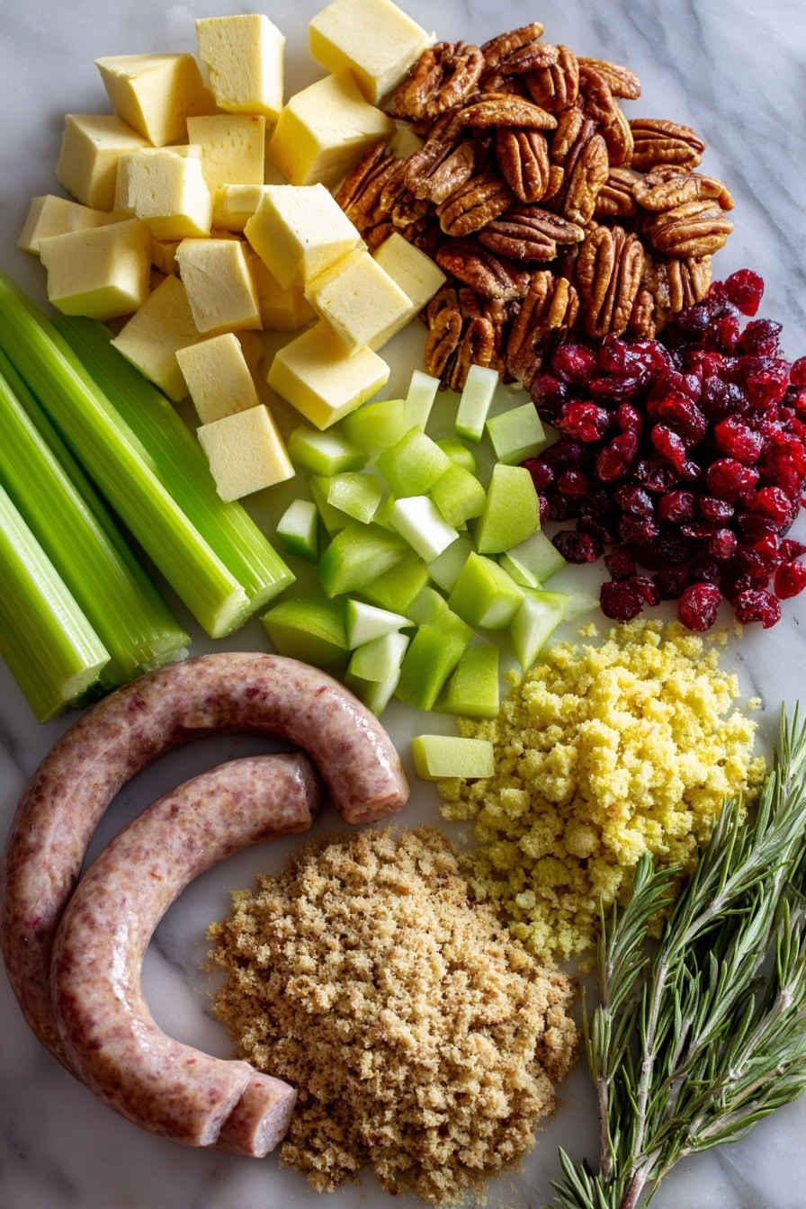Flat lay of fresh celery ribs chopped into crisp pieces, bright red dried cranberries scattered beside a pile of crunchy chopped pecans, peeled and diced sweet apples, raw bulk pork sausage in its natural coiled form, golden cubes of butter, finely chopped yellow onions, and a mound of crumbly cornbread stuffing mix, all beautifully arranged with soft natural light, placed on a white marble surface, photo taken with an iphone --ar 2:3 --v 7 - Stuffing Muffins, Stuffing Muffins Recipe, savory stuffing muffins, festive stuffing muffins, holiday stuffing muffins