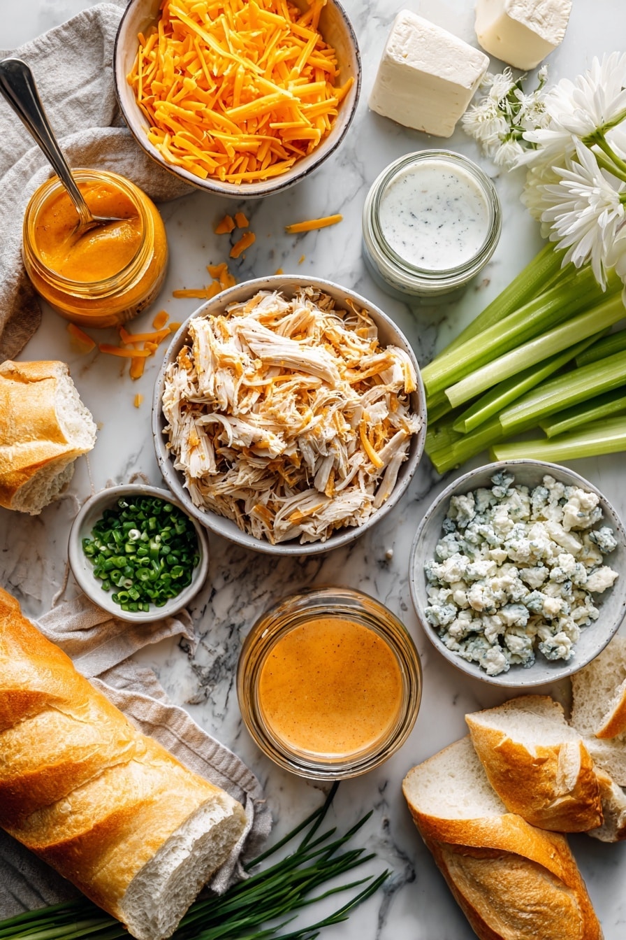 Flat lay of shredded rotisserie chicken, creamy blocks of cream cheese, bright orange shredded cheddar cheese, a small bowl of vibrant buffalo sauce, a jar of cool ranch dressing, crumbled blue cheese, fresh green chopped chives, crisp celery sticks, and sliced golden baguette pieces, all beautifully arranged on a white marble surface, photo taken with an iphone --ar 2:3 --v 7 - Crockpot Buffalo Chicken Dip, buffalo chicken dip, slow cooker buffalo chicken, spicy buffalo chicken dip, party buffalo dip