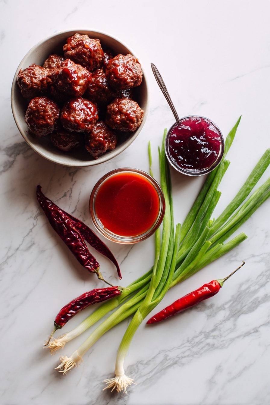Flat lay of plump frozen meatballs, glossy deep purple grape jelly, rich reddish-brown BBQ sauce, and bright red sriracha sauce beautifully arranged with a few fresh red chili peppers and a handful of green scallions, placed on a white marble surface, photo taken with an iphone --ar 2:3 --v 7 - Slow-Cooker Grape Jelly Meatballs, party appetizer with grape jelly and meatballs, easy slow cooker meatballs recipe, sweet and tangy meatball appetizer, crowd-pleasing party meatballs
