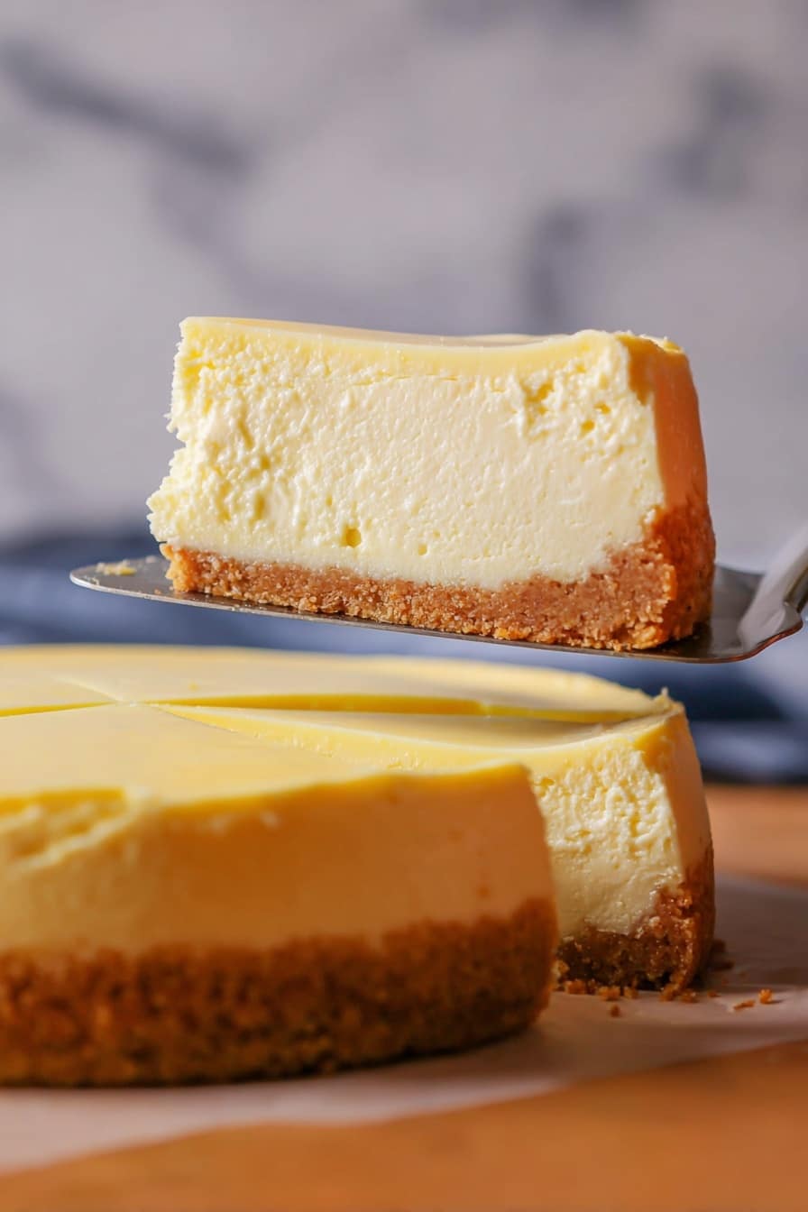 The image shows a close-up of a single slice of cheesecake being lifted by a spatula. The cheesecake has three visible layers: a thick, smooth pale yellow top layer, a slightly textured creamy light yellow middle layer, and a thin crumbly golden brown crust at the bottom. The slice is held above the rest of the cake, which has a smooth and even pale yellow surface. The background features a blurred white marbled texture. Photo taken with an iphone --ar 2:3 --v 7 - Slow-Cooker Cheesecake, easy cheesecake without oven, creamy slow cooker dessert, no-bake cheesecake recipe,DIY slow cooker desserts