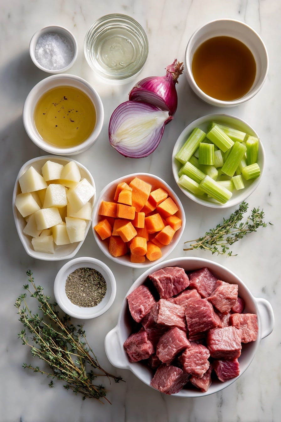 Flat lay of fresh cubed beef stew meat, a small pool of golden canola oil in a white ceramic bowl, a small white bowl filled with clear amber apple cider, a small white bowl of rich brown beef broth, a small white bowl holding pale golden cider vinegar, a small white bowl of coarse salt crystals, a small white bowl with dried thyme leaves, a small white bowl of cracked black peppercorns, peeled cubed potatoes arranged neatly, vibrant orange carrot pieces cut into chunks, fresh green celery ribs cut into pieces, wedges of white and purple onions, a small white bowl of all-purpose flour, a small white bowl of clear water, and a few fresh green thyme sprigs, all arranged in perfect symmetry, placed on a clean white marble surface, soft natural light, photo taken with an iPhone, professional food photography style, fresh ingredients, white ceramic bowls, no bottles, no duplicates, no utensils, no packaging --ar 2:3 --v 7 - Apple Cider Beef Stew, hearty beef stew with apple cider, cozy apple cider beef recipe, easy beef stew with apple cider, comfort food beef stew