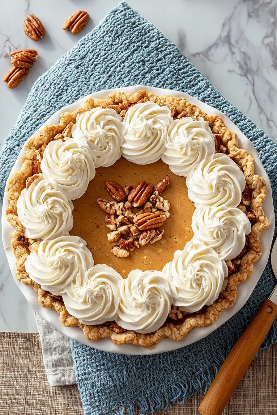 The image shows a pumpkin pie with one slice taken out, placed on a white plate with a white marbled surface underneath. The pie has a light brown, smooth pumpkin filling as the middle layer, surrounded by a thick, golden crust with a ridged edge. On top, there is a swirl of white whipped cream placed around the pie edge, decorated with small bits of nuts. Two plates with one slice of pie each are set in the background on the same white marbled surface, with woman’s hand holding one slice. A pie server with a wooden handle lies next to the pie. Photo taken with an iphone --ar 2:3 --v 7 - Sweet Potato Pie with Condensed Milk, sweet potato pie recipe, creamy sweet potato pie, easy sweet potato dessert, holiday pie recipe