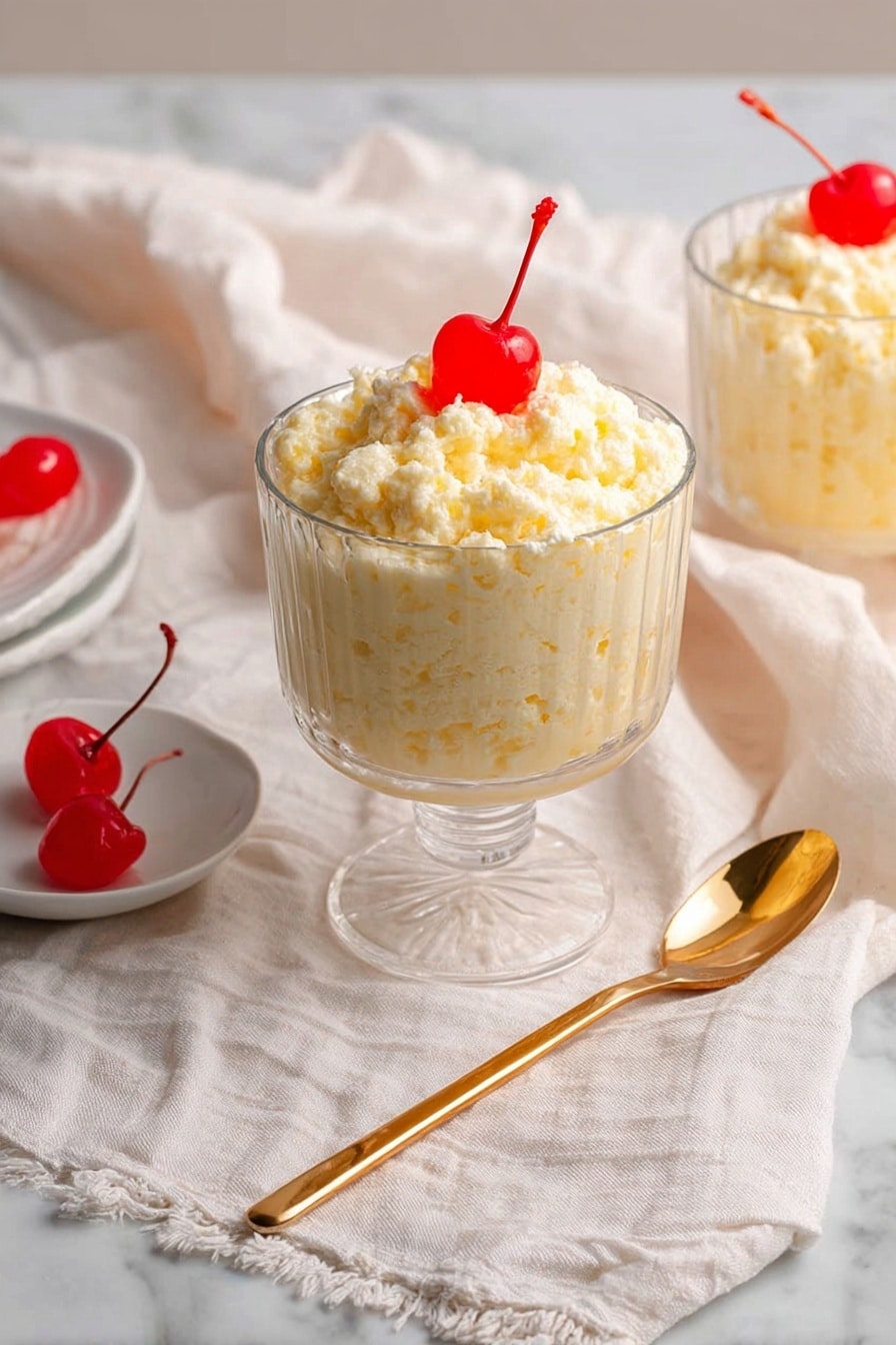 Three clear glass cups filled with a creamy, lumpy dessert that has a pale yellow and white color mix, each topped with a bright red cherry with a stem. The cups sit on a large white plate with a white napkin that has thin blue stripes underneath two of the cups. Two shiny gold spoons with simple, rounded handles rest on the edge of the plate. The background is a white marbled surface. photo taken with an iphone --ar 2:3 --v 7 - Frog Eye Salad, Frog Eye Salad recipe, fruit and pasta salad, party potluck salad, creamy fruit salad