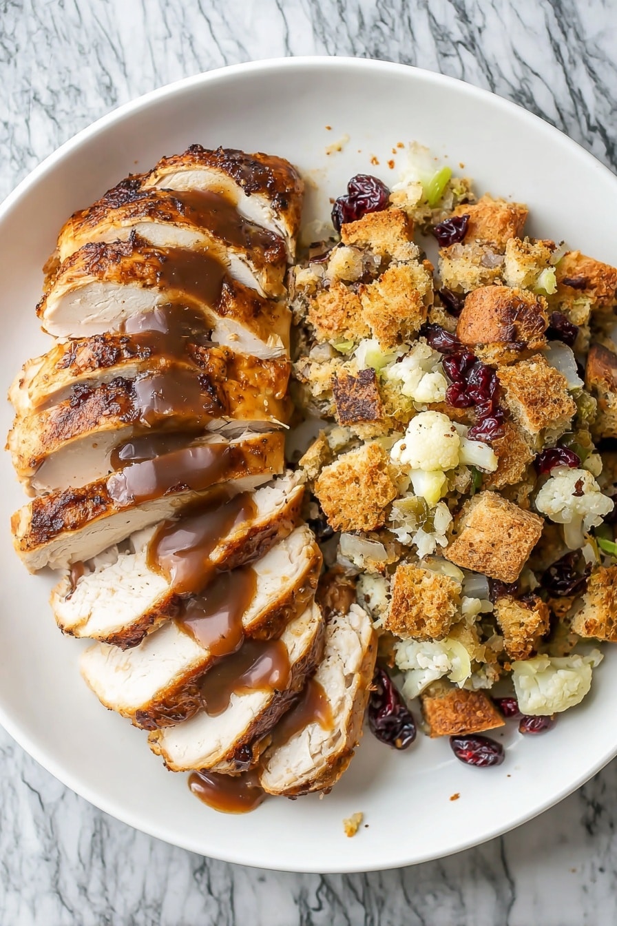 A white plate on a white marbled texture surface holds sliced cooked chicken with crispy, brown skin on top left. The chicken is cut into about six thick pieces, showing white tender meat inside. Dark brown gravy sauce is drizzled over the chicken slices, creating shiny, smooth patches on top. To the right of the chicken is a heap of stuffing made of golden brown toasted bread cubes mixed with pale green celery pieces and small white cauliflower bits, with some dried red cranberries scattered through. The overall look is warm and homey, with a few crumbs from the stuffing around the plate edges. Photo taken with an iphone --ar 2:3 --v 7 - Soy Glazed Braised Turkey Breast with Five-Spice, turkey breast recipes, savory glazed turkey, five-spice turkey, braised turkey dishes
