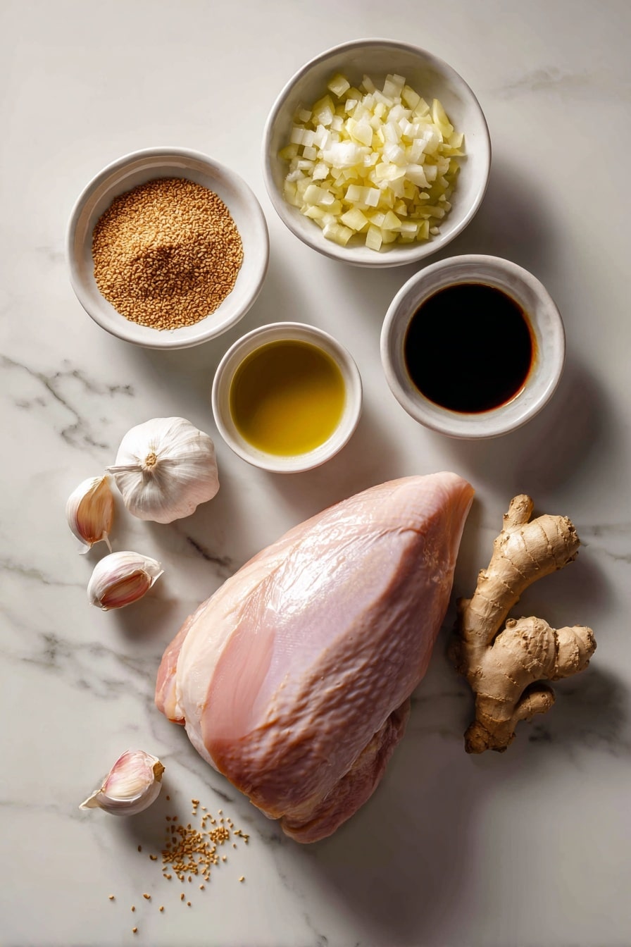 Flat lay of a whole boneless turkey roast with intact netting, a medium coarsely chopped yellow onion, five whole garlic cloves with papery skin, a small mound of light brown sugar crystals, a few fresh pale golden sesame seeds scattered, a piece of fresh ginger root with knobby skin next to a small pile of freshly grated ginger, a small white ceramic bowl of dark soy sauce, a small white ceramic bowl of glossy amber sesame oil, and a small white ceramic bowl of golden olive oil all arranged symmetrically on a clean white marble surface, soft natural light, photo taken with an iPhone, professional food photography style, fresh ingredients, white ceramic bowls, no bottles, no duplicates, no utensils, no packaging --ar 2:3 --v 7 - Asian Sesame Soy Turkey Roast, turkey roast with Asian marinade, easy turkey roast recipe, flavorful holiday turkey, tender roasted turkey