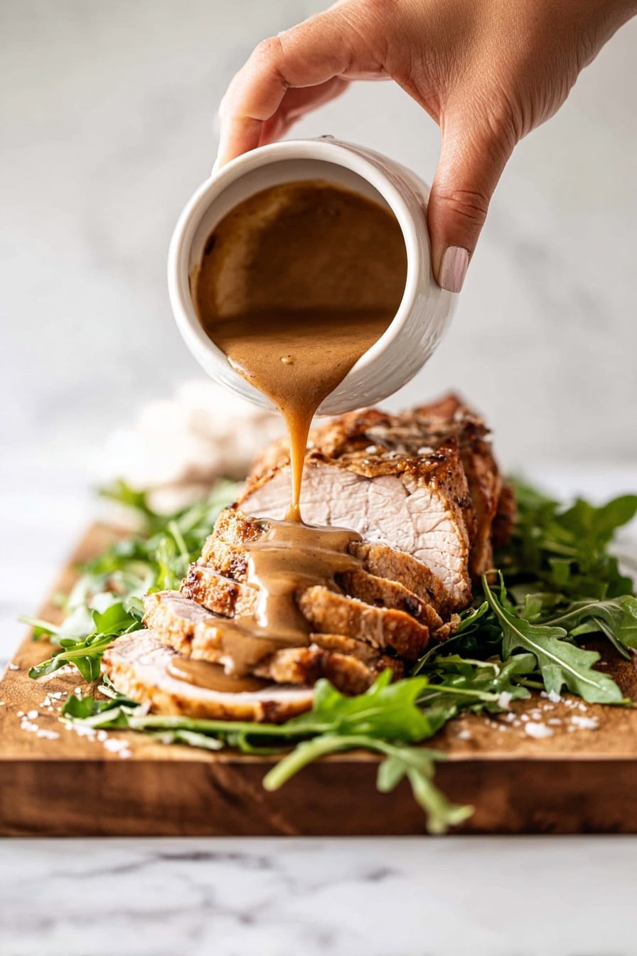 A golden-brown roasted loaf with a crispy, textured outer layer sits on a wooden board, surrounded by fresh green arugula leaves that add a pop of color around the edges. The loaf's surface shows a crisscross pattern of browning, indicating it has been cooked evenly and has a crunchy crust. In the lower right corner, a white bowl with a curved edge holds a smooth, brown sauce topped with white sesame seeds. The whole setup rests on a white marbled surface. photo taken with an iphone --ar 2:3 --v 7 - Asian Sesame Soy Turkey Roast, turkey roast with Asian marinade, easy turkey roast recipe, flavorful holiday turkey, tender roasted turkey