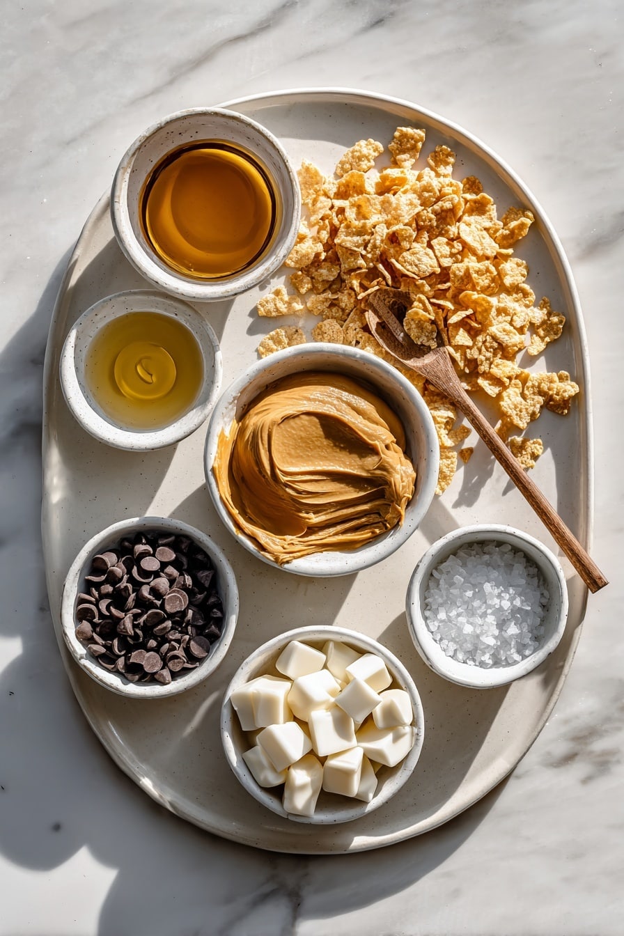 Flat lay of a small mound of smooth creamy peanut butter on a white ceramic plate, a small white bowl filled with golden honey, a small white bowl containing clear vanilla extract, a small white bowl with coarse sea salt crystals, a neat pile of lightly crushed cornflake cereal flakes directly on the surface, a small white bowl filled with glossy dark chocolate chips, and a small white bowl holding solid white coconut oil chunks arranged symmetrically in a circle, all ingredients fresh and natural, placed on a clean white marble surface, soft natural light, photo taken with an iPhone, professional food photography style, fresh ingredients, white ceramic bowls, no bottles, no duplicates, no utensils, no packaging --ar 2:3 --v 7 - Healthy Homemade Butterfingers, healthy peanut candy, wholesome chocolate bars, quick homemade treats, natural sweetened snacks