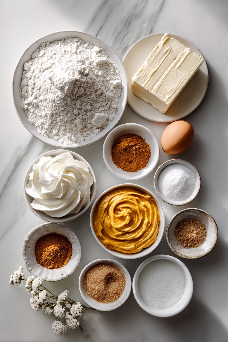Flat lay of a small mound of all-purpose flour, a small white bowl of pumpkin spice powder, a small pinch of salt crystals, a chunk of cream cheese, a slab of unsalted butter, a small pile of granulated sugar, a small pile of packed brown sugar, one large whole egg with a clean shell, a small white bowl of vanilla extract, a small white bowl filled with coarse sugar crystals, a small white bowl of brown sugar, a small pinch of table salt, a small white bowl of whole milk, a small white bowl of smooth pumpkin puree, and a swirl of whipped cream dollop on a simple white ceramic dish, all arranged symmetrically and naturally fresh, placed on a clean white marble surface, soft natural light, photo taken with an iPhone, professional food photography style, fresh ingredients, white ceramic bowls, no bottles, no duplicates, no utensils, no packaging --ar 2:3 --v 7 - Pumpkin Pie Cookies, pumpkin cookies with pie flavor, fall dessert cookies, pumpkin spice cookies, easy pumpkin cookie recipe