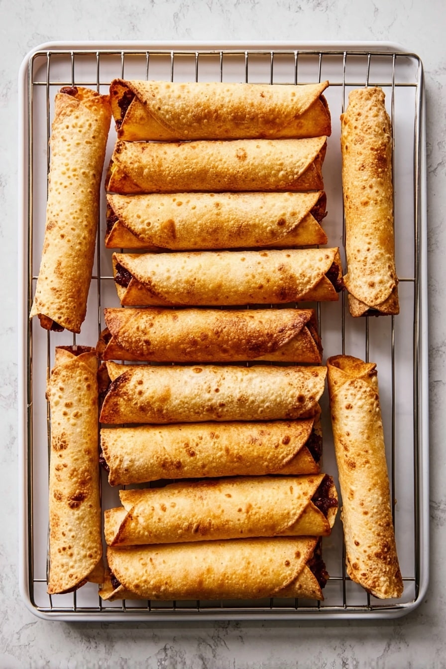 The image shows eleven golden brown rolled tacos arranged in three rows on a white metal baking rack set on a white marbled surface. Each taco is tightly rolled with a crisp, slightly bubbly texture and some darker brown spots where the shell is more cooked. The ends of the tacos are slightly open, revealing a dark filling inside. The tacos are evenly spaced, and the lighting highlights the warm, crispy texture of the shells. photo taken with an iphone --ar 2:3 --v 7 - Chipotle Chicken Flautas, crispy chicken flautas, smoky chicken appetizers, easy Mexican flautas, cheesy chicken snacks