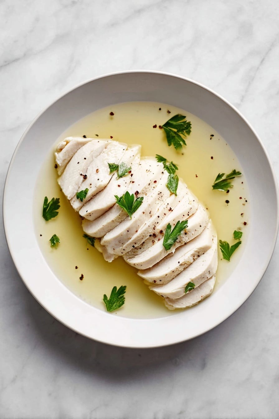 Two groups of sliced cooked white chicken pieces are laid out on a wooden cutting board with a natural light brown grain. Each group has about seven thick slices arranged in a neat line, with the left group’s top slice shaped like a triangle. Small bits of green herbs and black pepper are scattered over the chicken and on the board around it. A few whole green parsley leaves add color contrast to the pale meat and the warm wood background. Photo taken with an iphone --ar 2:3 --v 7 - Perfect Poached Chicken, juicy chicken breast recipe, tender poached chicken, healthy chicken dinner, easy chicken cooking method