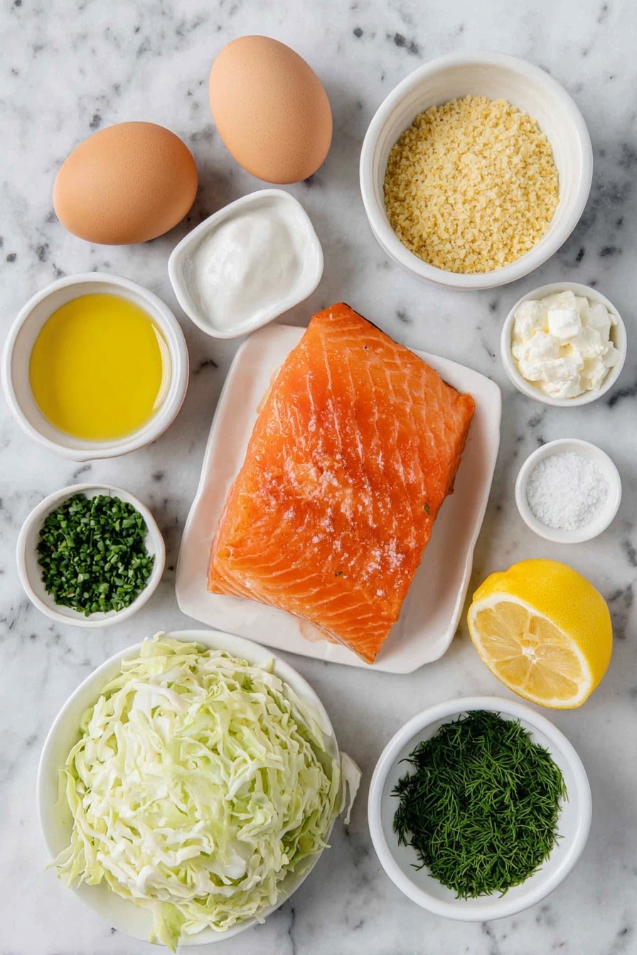 Flat lay of a flaked pile of fresh cooked salmon, two whole brown eggs with clean shells, a small white bowl of golden breadcrumbs, a small white bowl with coarse salt, a small white bowl with pale garlic powder, a small mound of mixed chopped fresh herbs including chives, parsley, and dill, a halved bright yellow lemon, a small white bowl of glossy olive oil, a tight head of green cabbage finely shredded, a small white bowl of thick plain Greek yogurt, a small white bowl of clear white distilled vinegar, placed on a clean white marble surface, soft natural light, photo taken with an iPhone, professional food photography style, fresh ingredients, white ceramic bowls, no bottles, no duplicates, no utensils, no packaging --ar 2:3 --v 7 --p awthu7i m7354615311229779997 - Salmon Burgers with Fresh Slaw, healthy seafood burgers, easy salmon burger recipe, quick summer dinner ideas, flavorful fish burger