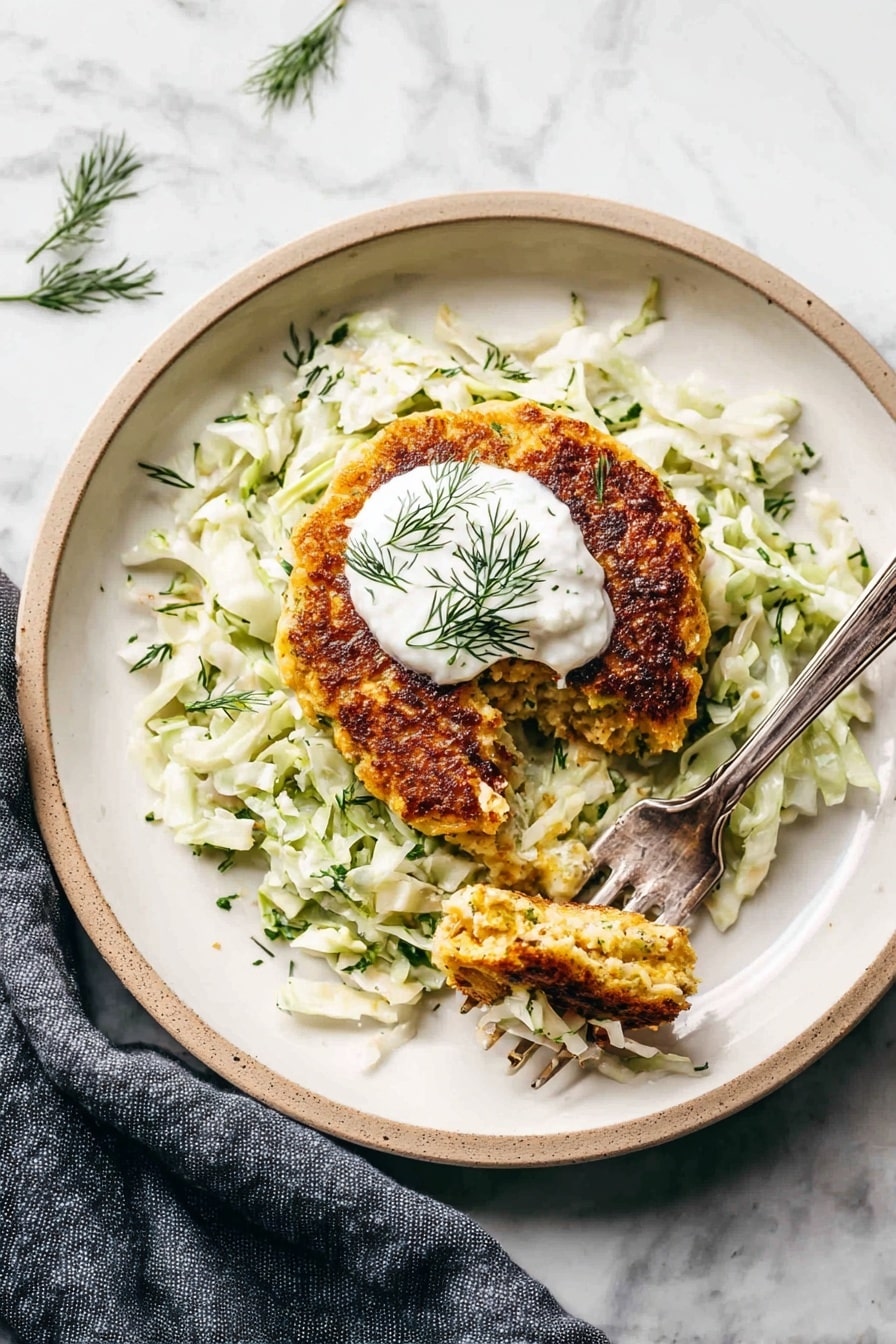 The image shows a white round plate with a brown rim on a white marbled surface. On the plate, there is a single golden-brown patty with a crispy texture and a slightly uneven surface, placed on a bed of shredded green and white cabbage mixed with herbs. On top of the patty, there is a smooth white dollop of sauce, garnished with a few sprigs of fresh green dill. In the corner of the image, part of another similar plate is visible with the same dish. A gray textured cloth is also seen near the bottom left of the frame. Photo taken with an iphone --ar 2:3 --v 7 - Salmon Burgers with Fresh Slaw, healthy seafood burgers, easy salmon burger recipe, quick summer dinner ideas, flavorful fish burger
