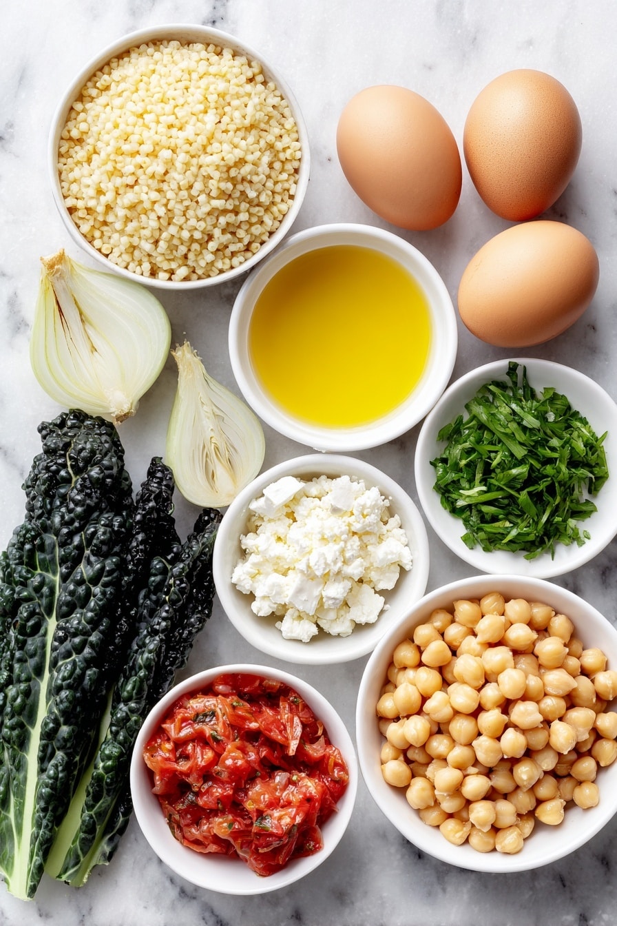 Flat lay of a small mound of pearl couscous, a handful of fresh bright green mint leaves, a small pile of chopped fresh chives, a quarter cup of crumbled white feta cheese, a thinly sliced shallot arranged neatly, two whole brown eggs with clean shells, a small white bowl of golden olive oil, a small white bowl filled with plump cooked chickpeas, a small white bowl containing vibrant red diced fire-roasted tomatoes, and a few dark green torn kale leaves arranged loosely, all placed on a clean white marble surface, soft natural light, photo taken with an iPhone, professional food photography style, fresh ingredients, white ceramic bowls, no bottles, no duplicates, no utensils, no packaging --ar 2:3 --v 7 --p awthu7i m7354615311229779997 - Pearl Couscous Skillet with Tomatoes and Feta, easy pearl couscous dinner, one-pan couscous recipe, flavorful pearl couscous meal, healthy tomato feta skillet