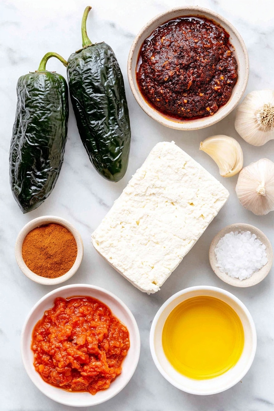 Flat lay of one fresh dark green poblano pepper, three deep reddish-brown dried chipotle peppers, a small white ceramic bowl with rich dark red adobo sauce, three whole garlic cloves with papery skins, a small white bowl of ground cumin powder in warm brown, a small white bowl of bright reddish chili powder, a small white bowl filled with chunky red salsa, a small white bowl with golden canola oil, one block of extra firm tofu with a smooth white surface, a small white bowl of coarse salt crystals, all arranged symmetrically around the center, placed on a clean white marble surface, soft natural light, photo taken with an iPhone, professional food photography style, fresh ingredients, white ceramic bowls, no bottles, no duplicates, no utensils, no packaging --ar 2:3 --v 7 --p awthu7i m7354615311229779997 - Spicy Sofritas Tofu, smoky tofu dishes, vegan tofu recipes, spicy plant-based meals, easy tofu stir-fry