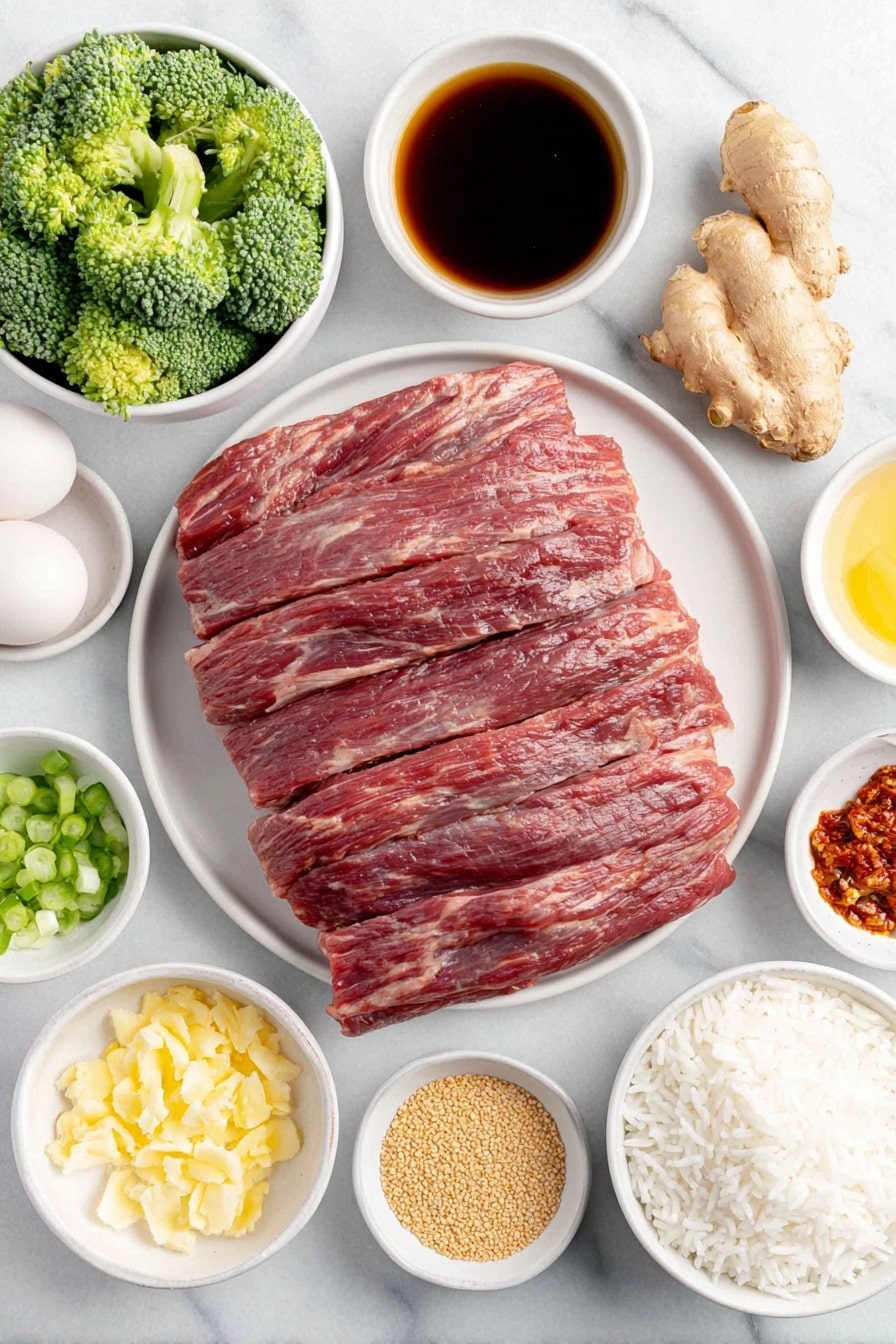 Flat lay of thinly sliced raw beef flank steak arranged neatly on a simple white ceramic plate, fresh bright green broccoli florets on a white ceramic bowl, thinly sliced garlic cloves spread in a small white ceramic bowl, a knob of fresh peeled ginger root with natural texture on the side, thinly sliced green onions placed delicately on a white ceramic dish, coarse brown sugar granules in a small white ceramic bowl, a small white ceramic bowl filled with a dark amber soy sauce, a small white ceramic bowl containing clear water, smooth white rice grains heaped on a simple white ceramic plate, a small white ceramic bowl with reddish chili paste (sambal oelek), a small white ceramic bowl with light golden rice vinegar, a small white ceramic bowl holding deep amber sesame oil, a small white ceramic bowl with fine white cornstarch powder, two whole uncracked brown eggs placed side by side on a white ceramic dish, a few glistening sesame seeds scattered artistically on the surface — all ingredients fresh and natural, perfectly balanced in size and shape, arranged symmetrically and artistically, placed on a clean white marble surface, soft natural light, photo taken with an iPhone, professional food photography style, fresh ingredients, white ceramic bowls, no bottles, no duplicates, no utensils, no packaging --ar 2:3 --v 7 --p awthu7i m7354615311229779997 - Sesame Beef and Broccoli Stir Fry, quick beef stir fry, healthy Asian stir fry, easy beef and broccoli recipe, flavorful stir fry dinner