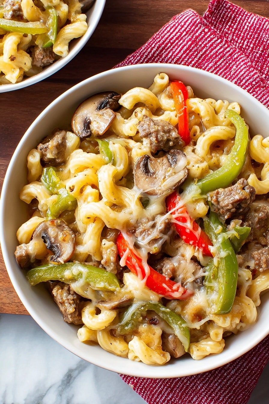 The image shows a close-up of a creamy pasta dish in a white skillet on a white marbled surface. The dish has three main layers: the base layer is a rich, creamy sauce that coats elbow macaroni pasta in a pale yellow color; mixed within are cooked slices of brown mushrooms and strips of red and green bell peppers, adding texture and bright pops of color; on the top, there are tender pieces of browned beef scattered throughout, with strings of melted cheese stretching as a portion is lifted out with a utensil. The whole dish looks warm, cheesy, and full of mixed textures and colors. Photo taken with an iphone --ar 2:3 --v 7 - Beef and Mushroom Philly Cheesesteak Pasta, Philly Cheesesteak Pasta, Easy Beef Pasta Dinner, Creamy Mushroom Pasta Recipe, Quick Weeknight Pasta