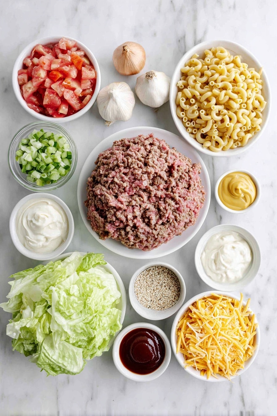 Flat lay of a small mound of raw elbow macaroni, a portion of fresh ground beef formed loosely, a peeled and finely chopped large yellow onion, three whole uncracked brown garlic cloves, a small white bowl filled with vibrant diced fresh tomatoes, a small white bowl of creamy mayonnaise, a small white bowl containing chopped bright green dill pickles, a small white bowl with smooth red ketchup, a small white bowl of dark Worcestershire sauce, a small white bowl holding golden yellow Dijon mustard, a small white bowl of freshly ground black pepper, a pile of shredded sharp cheddar cheese, a sprinkling of toasted sesame seeds, and a handful of crisp chopped romaine lettuce, all arranged with perfect symmetry and balanced spacing on simple white ceramic dishes placed on a clean white marble surface, soft natural light, photo taken with an iPhone, professional food photography style, fresh ingredients, white ceramic bowls, no bottles, no duplicates, no utensils, no packaging --ar 2:3 --v 7 --p awthu7i m7354615311229779997 - Cheddar Hamburger Casserole, cheesy hamburger casserole, easy hamburger casserole recipe, hearty casserole with cheddar, comfort food hamburger bake