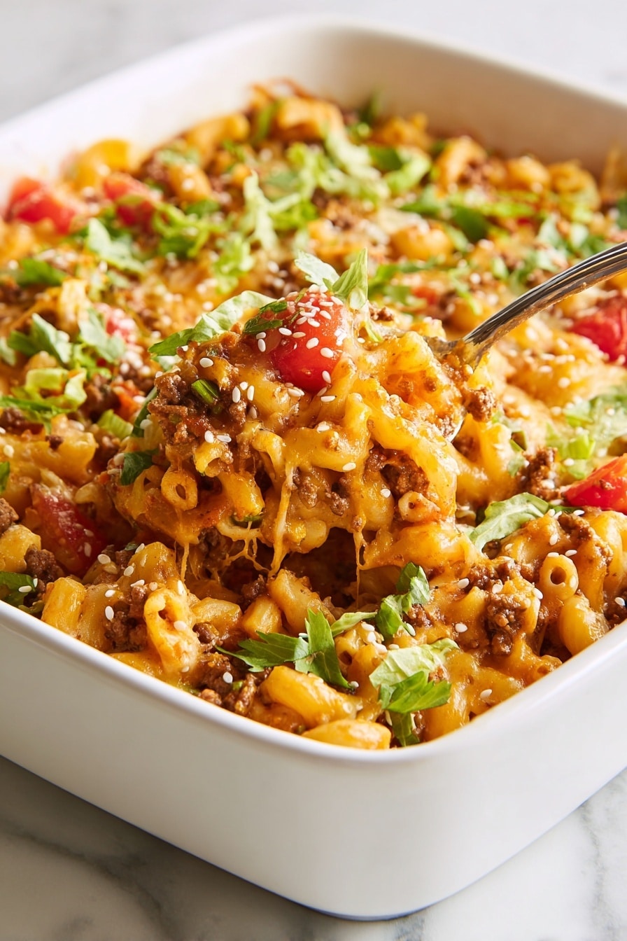 The image shows a close-up of a baked pasta dish in a white bowl on a white marbled surface, filled with layers of macaroni pasta mixed with browned ground meat and diced onions, scattered pieces of sliced red peppers, all covered with melted shredded cheddar cheese that is vibrant orange and slightly browned in spots, and topped with white sesame seeds. A silver spoon is scooping a portion from the bowl, revealing the mixture underneath with a textured look from the combination of smooth pasta, chunky meat, and stringy melted cheese. photo taken with an iphone --ar 2:3 --v 7 - Cheddar Hamburger Casserole, cheesy hamburger casserole, easy hamburger casserole recipe, hearty casserole with cheddar, comfort food hamburger bake