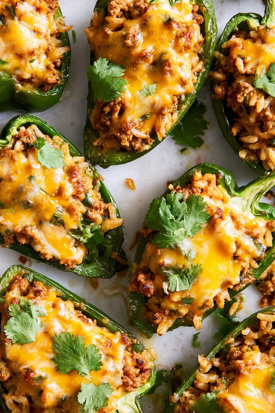 The image shows several green peppers, each sliced in half lengthwise and placed on a white marbled surface. Each pepper half is filled with a mixture of cooked ground meat, rice, and small bits of vegetables, topped generously with melted yellow and light orange cheese that looks soft and warm. Fresh green cilantro leaves are placed on some of the stuffed peppers as a garnish. The filling has a slightly chunky texture, and some melted cheese has dripped around the peppers onto the white background. Photo taken with an iphone --ar 2:3 --v 7 - Beef and Rice Stuffed Poblano Peppers, stuffed poblano peppers, beef stuffed peppers, smoky stuffed peppers, easy Mexican peppers