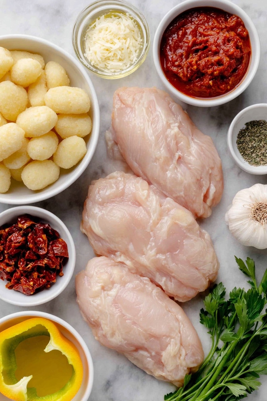 Flat lay of three boneless, skinless chicken breasts with natural texture and pale pink color, a small white bowl of bright red tomato paste, a small white bowl of golden extra-virgin olive oil, a small white bowl of light beige half-and-half cream, a small white bowl of reddish-brown chopped sun-dried tomatoes, a small white bowl of light brown low-sodium chicken broth, a single yellow onion halved to show inner layers with bright yellow color, a medium green bell pepper cut open to reveal seeds removed and chopped pieces, one stalk of celery with leaves attached and finely chopped pieces beside it, two whole cloves of garlic with papery skins intact, a small white bowl of Creole seasoning with speckled reddish-orange powder, a small white bowl of dried thyme with tiny green leaves, a small white bowl of grated Parmesan cheese with fine texture, a small bunch of fresh bright green chopped parsley, a simple mound of uncooked pillowy potato gnocchi in white ceramic bowl — placed on a clean white marble surface, soft natural light, photo taken with an iPhone, professional food photography style, fresh ingredients, white ceramic bowls, no bottles, no duplicates, no utensils, no packaging --ar 2:3 --v 7 --p awthu7i m7354615311229779997 - Cajun Chicken Gnocchi Skillet, Cajun Chicken dinner, spicy gnocchi skillet, one-pan Cajun chicken recipe, easy Cajun chicken and gnocchi