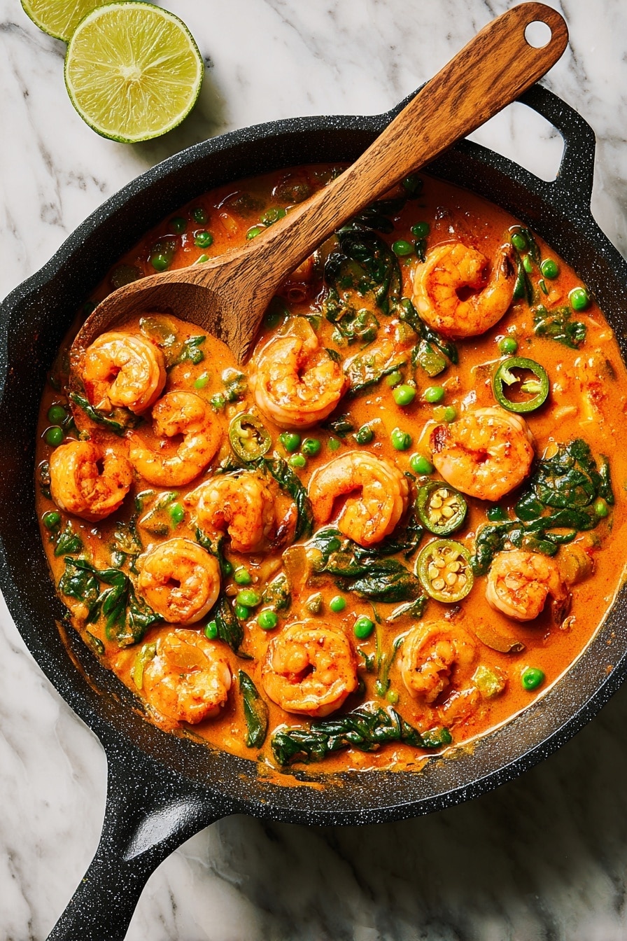 The image shows a black skillet filled with a rich orange curry sauce that looks thick and creamy. In the sauce, there are large shrimp with a bright pink-orange color, arranged evenly all over. Small green peas and slices of green chili peppers are scattered throughout the curry, adding contrast to the orange sauce. There are also fresh green leafy spinach pieces mixed in, giving the dish more color and texture. A wooden spoon is resting on the left side of the skillet, partially submerged in the curry. The skillet is placed on a white marbled surface with a piece of lime cut in half near the top-left corner of the image. photo taken with an iphone --ar 2:3 --v 7 - Coconut Curry Shrimp with Peas, Coconut Curry Shrimp, Easy Shrimp Curry, Healthy Shrimp Recipes, Weeknight Seafood Dinner