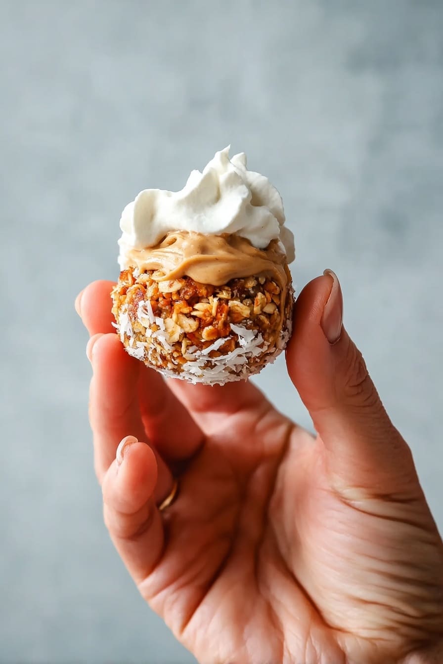 A close-up of a woman's hand holding a small round snack that has three visible layers: the bottom layer is a mix of orange and light brown with visible oats and shredded coconut on the outside, the middle layer is a thick, smooth light brown nut butter spread, and the top layer is a dollop of white whipped cream. The texture of the snack looks crumbly and soft with a natural, homemade feel, and the background has a soft grey color. photo taken with an iphone --ar 2:3 --v 7 - Healthy No-Bake Carrot Energy Bites, nutritious energy bites, quick healthy snacks, wholesome no-bake treats, homemade energy balls