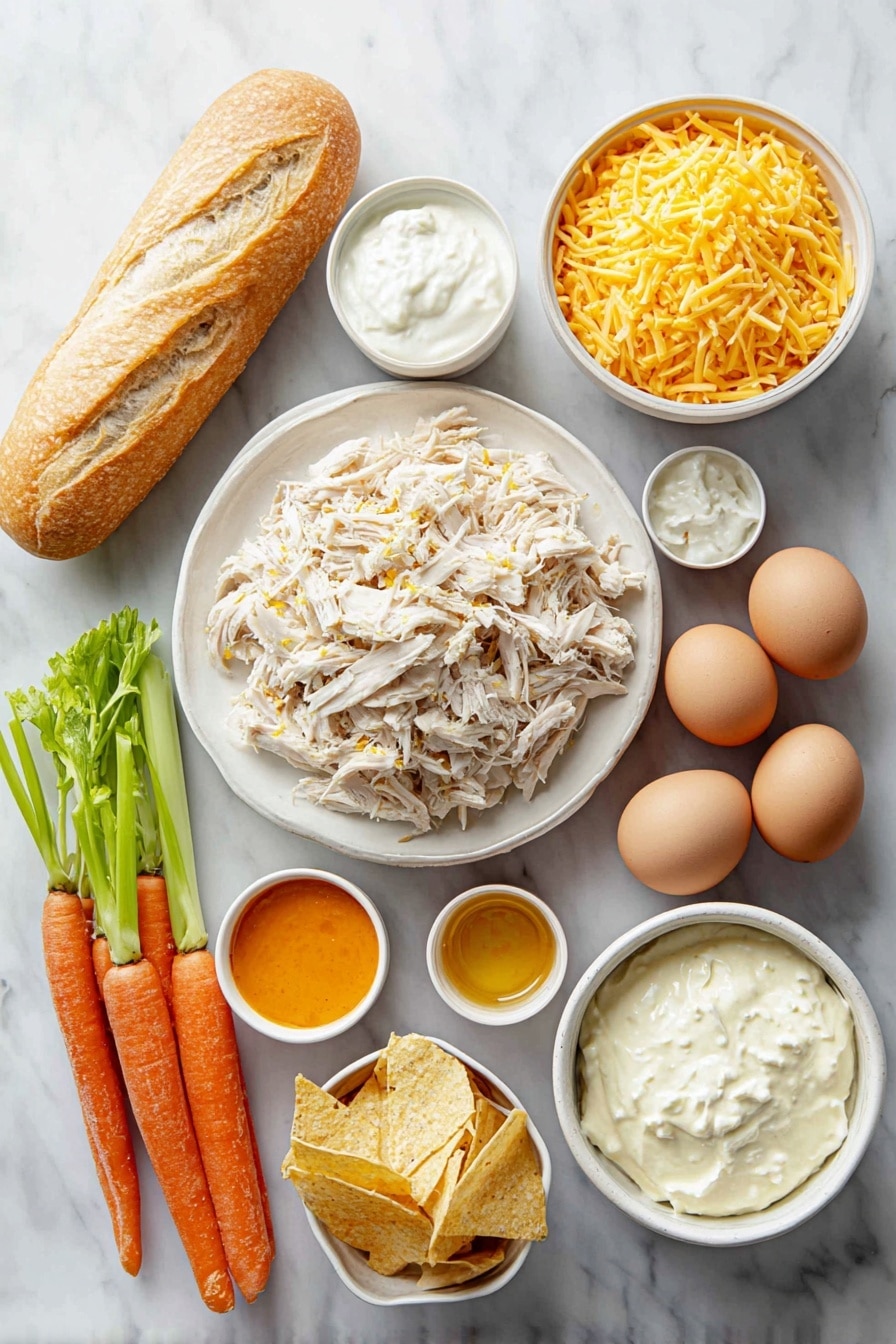 Flat lay of shredded cooked chicken breast piled loosely on a simple white ceramic plate, a small white bowl filled with smooth cream cheese, a small white bowl of thick sour cream, a small white bowl holding bright orange buffalo sauce, a simple white ceramic bowl heaped with shredded sharp cheddar cheese, whole uncracked brown eggs arranged neatly nearby, a small white bowl of creamy blue cheese dressing, fresh whole celery stalks with leaves, fresh whole medium carrots with green tops, a few rustic baguette slices stacked evenly, and a small white bowl filled with Fritos Scoops tortilla chips — all perfectly arranged with balanced spacing and symmetry, placed on a clean white marble surface, soft natural light, photo taken with an iPhone, professional food photography style, fresh ingredients, white ceramic bowls, no bottles, no duplicates, no utensils, no packaging --ar 2:3 --v 7 --p m7354615311229779997 - Buffalo Chicken Dip, spicy chicken dip, party dip recipes, creamy buffalo chicken, easy game day dip