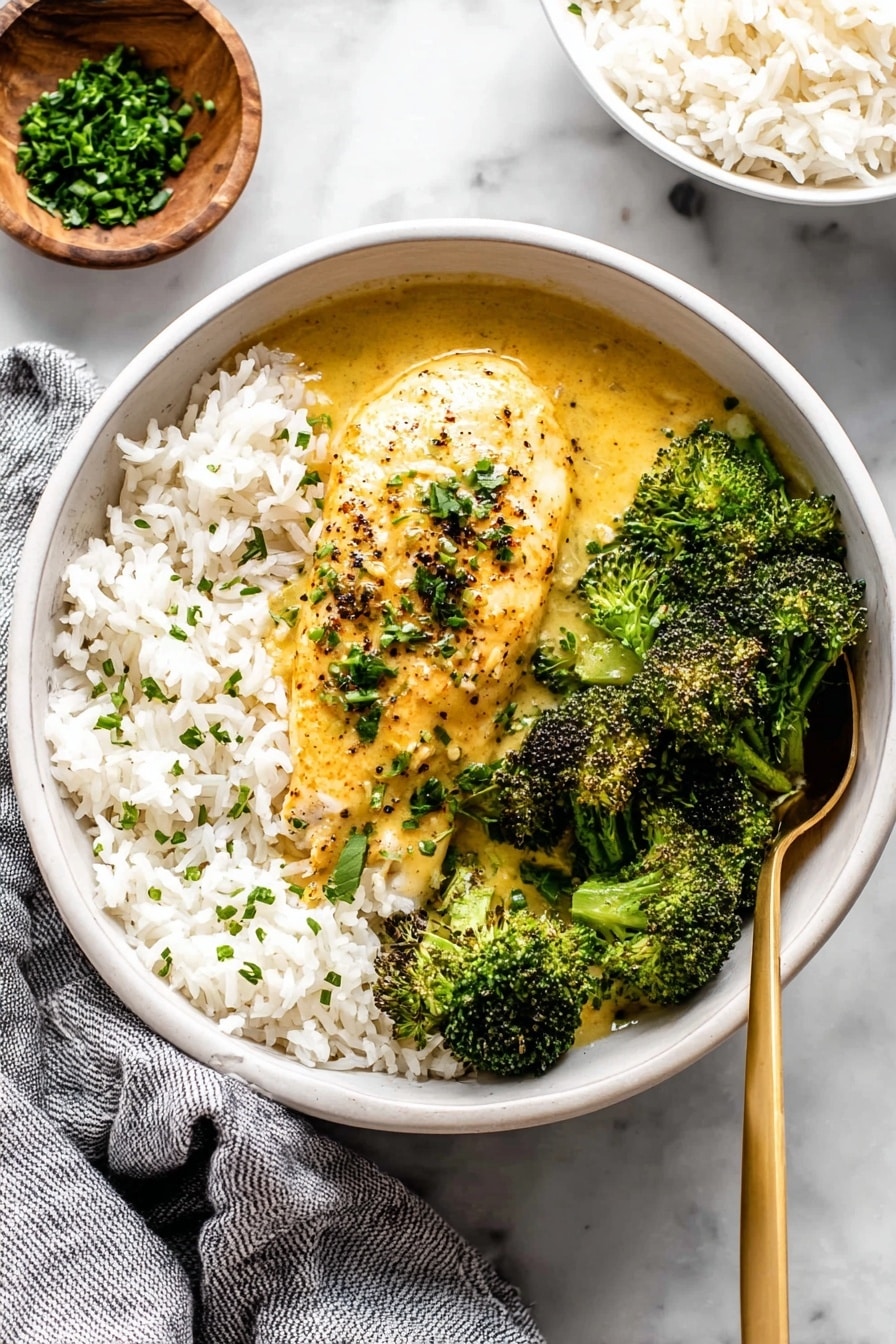 A white bowl sits on a white marbled surface, filled with three main layers. The bottom layer is fluffy white rice speckled with small bits of green herbs. On the left side, a smooth, golden-yellow sauce covers a piece of soft-looking chicken with a few black pepper flakes and green herb bits on top. On the right side, bright green broccoli florets with slightly charred edges rest on the rice. A gold spoon is partially placed on the right edge of the bowl. In the top left corner, a small wooden bowl with chopped green herbs is visible, and a white bowl filled with white rice is partly seen in the top right. A gray and white striped cloth napkin lies on the lower left corner. photo taken with an iphone --ar 2:3 --v 7 - Creamy Ranch Chicken, Slow Cooker Chicken Recipes, Easy Crockpot Dinner, Comfort Food Recipes, Healthy Slow Cooker Meals