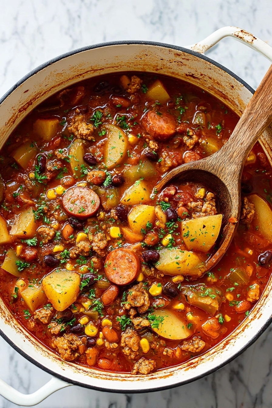 A bowl of thick stew with three main layers visible: the top layer has bright yellow corn bread with a rough, crumbly texture, partially dipped into the stew; the stew itself forms the middle layer, showing chunks of light brown sausage slices, yellow potato pieces, black and brown beans, bright yellow corn, and small bits of red tomato and green herbs scattered on top, all mixed in a reddish-brown broth; the bowl is white with brown speckles and a brown rim, sitting on a white marbled surface with a small wooden bowl of chopped green herbs nearby, and a brass spoon resting inside the stew. photo taken with an iphone --ar 2:3 --v 7 - Hearty Texas Cowboy Stew, Texas Cowboy Stew, hearty stew recipes, smoky beef sausage stew, comforting Texas stew