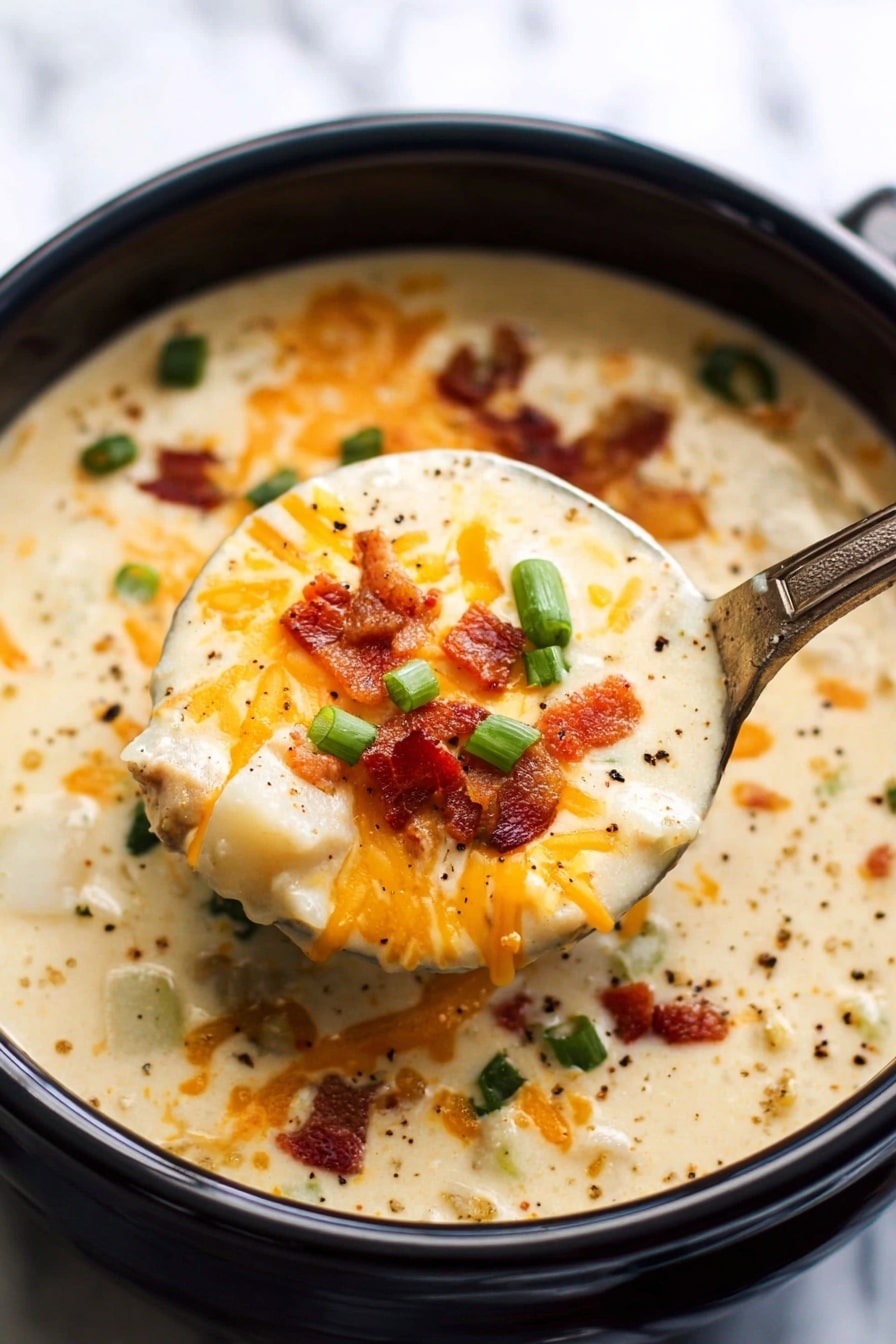 A white speckled bowl filled with thick creamy soup with a soft grainy texture, topped with shredded orange cheddar cheese scattered in the center, sprinkled with small pieces of dark red crispy bacon, and bright green chopped scallions. Fresh black pepper is lightly dusted over the top. A gold spoon rests inside the bowl on the right side, partially submerged in the soup. The bowl sits on a white marbled surface with a dark green cloth nearby and a wooden bowl containing chopped green scallions in the upper right corner. Photo taken with an iphone --ar 2:3 --v 7 - Creamy Crock Pot Potato Soup, slow cooker potato soup, easy comfort food recipes, hearty potato soup, cozy potato soup ideas