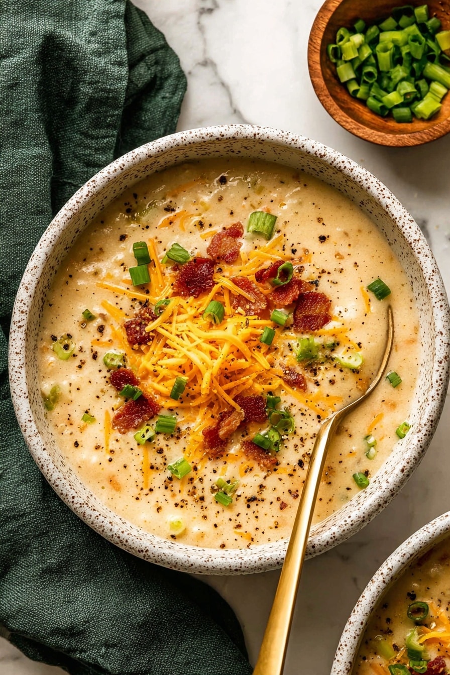 A bowl with creamy mashed potatoes forming the base layer, topped with melted bright orange shredded cheddar cheese spread unevenly, and small pieces of crispy dark red bacon scattered on top; green chopped scallions add a fresh splash of color, all sprinkled with black pepper for texture; a gold spoon lifts a portion showing the soft, smooth texture of the potatoes mixed with cheese and bacon; the bowl is white with a speckled brown rim, placed on a white marbled surface, and a small wooden bowl with green herbs is blurred in the background; photo taken with an iphone --ar 2:3 --v 7 - Creamy Crock Pot Potato Soup, slow cooker potato soup, easy comfort food recipes, hearty potato soup, cozy potato soup ideas