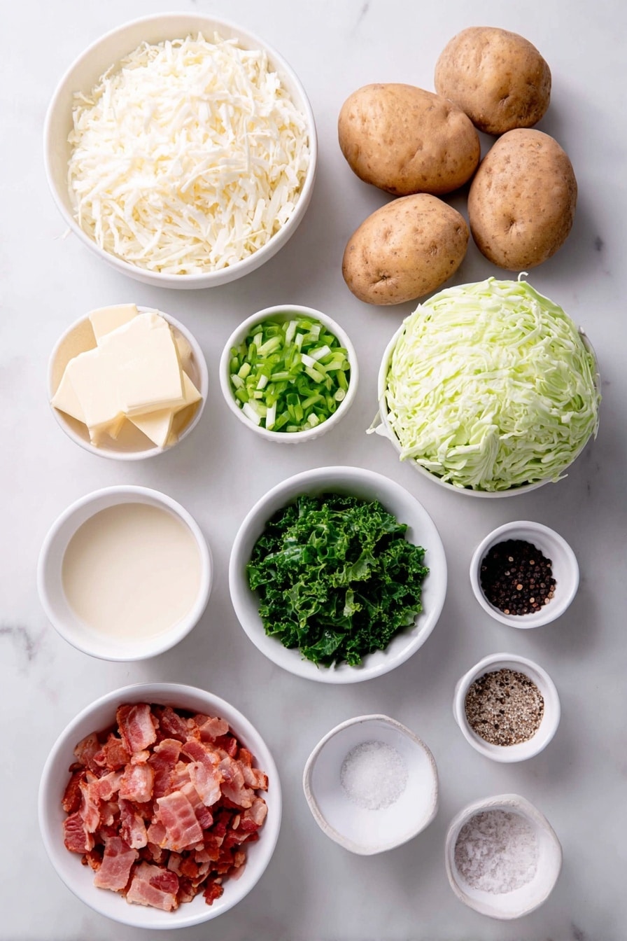 Flat lay of a small white ceramic bowl of unsalted butter, a small white bowl of minced garlic, a small white bowl of vegetable broth, a small white bowl of half and half, half a head of fresh green cabbage chopped, a few chopped kale leaves, a small pile of diced onion, three peeled whole russet potatoes, a small pile of sliced green onions, a few strips of cooked chopped bacon, a small heap of coarse salt, and a small heap of black peppercorns all arranged symmetrically on a clean white marble surface, soft natural light, photo taken with an iPhone, professional food photography style, fresh ingredients, white ceramic bowls, no bottles, no duplicates, no utensils, no packaging --ar 2:3 --v 7 --p m7354615311229779997 - Colcannon Soup with Potatoes and Kale, Irish comfort food recipes, hearty vegetable soup, healthy potato soup ideas, easy homemade Irish soup
