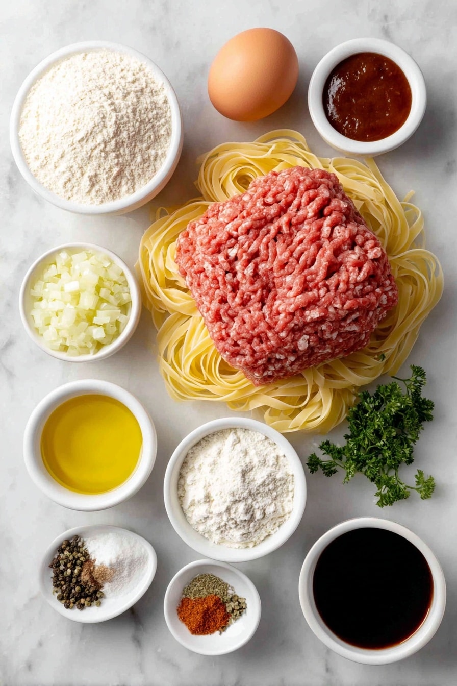 Flat lay of a small mound of lean ground beef, a small white ceramic bowl of plain bread crumbs, one whole brown egg with clean shell, a small pile of minced yellow onion, a small heap of minced garlic cloves, a few sprigs of dried parsley, a small pile of ground allspice, a small heap of ground nutmeg, scattered black peppercorns and coarse salt grains, a small white bowl of golden olive oil, a small pat of butter, a small pile of diced yellow onion, a small white bowl of all-purpose flour, a small white bowl filled with rich beef broth, a small white bowl with creamy half and half, a small white bowl with dark Worcestershire sauce, a small white bowl with smooth Dijon mustard, a neat nest of uncooked wide egg noodles arranged symmetrically, all ingredients fresh and natural, placed on a clean white marble surface, soft natural light, photo taken with an iPhone, professional food photography style, fresh ingredients, white ceramic bowls, no bottles, no duplicates, no utensils, no packaging --ar 2:3 --v 7 --p m7354615311229779997 - Swedish Meatball Soup, easy Swedish meatball soup, comforting Swedish soup, cozy meatball soup recipe, homemade Swedish meatball soup