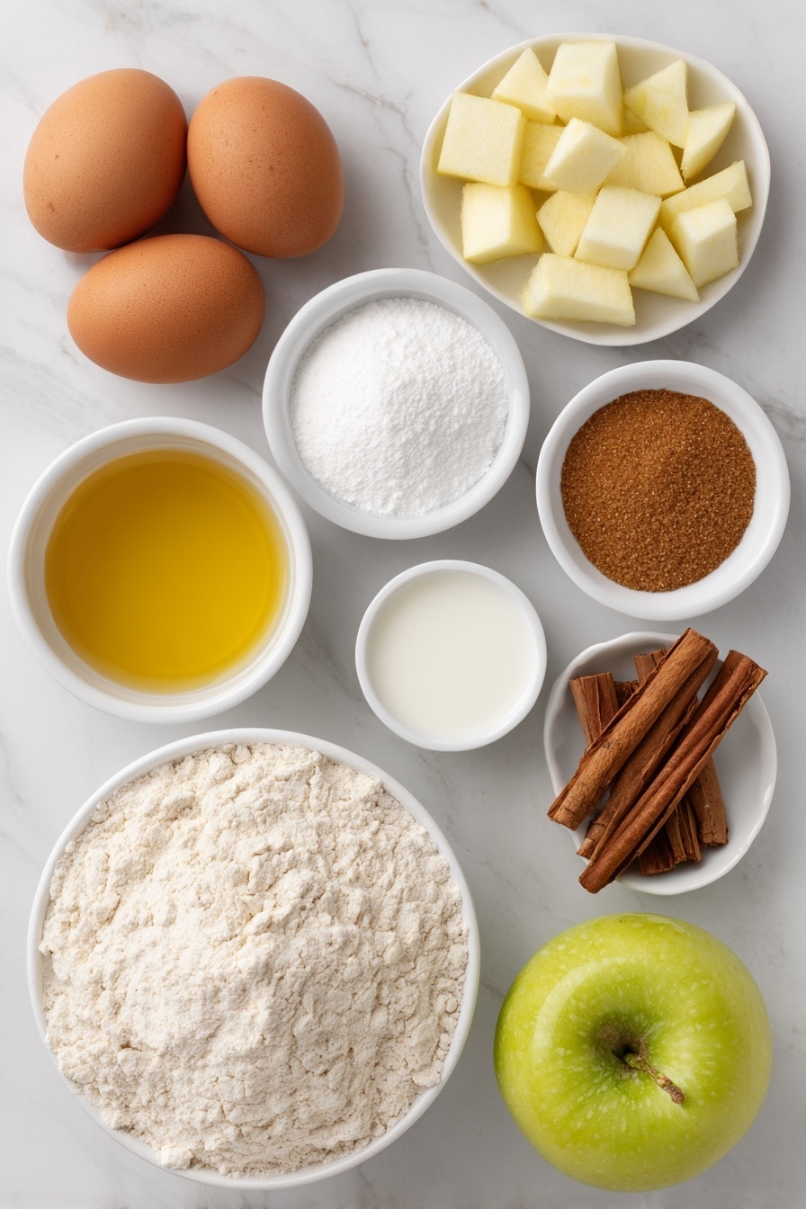 Flat lay of a small mound of all purpose flour in a simple white ceramic bowl, two whole brown eggs with clean shells, a small white bowl of light brown granulated brown sugar, a small white bowl of sifted white powdered sugar, a small white bowl of golden vegetable oil, a small white bowl of creamy milk, a few sticks of warm brown cinnamon powder, a pinch of salt crystals in a small white bowl, three bright green Granny Smith apples, peeled and cut into small cubes arranged neatly, a small white bowl of clear water, and a small white bowl holding a pale vanilla extract liquid, all arranged with perfect symmetry and realistic proportions, placed on a clean white marble surface, soft natural light, photo taken with an iPhone, professional food photography style, fresh ingredients, white ceramic bowls, no bottles, no duplicates, no utensils, no packaging --ar 2:3 --v 7 --p m7354615311229779997 - Homemade Apple Fritters with Cinnamon Glaze, apple fritters, cinnamon glaze recipe, easy apple fritter recipe, homemade fried apple treats