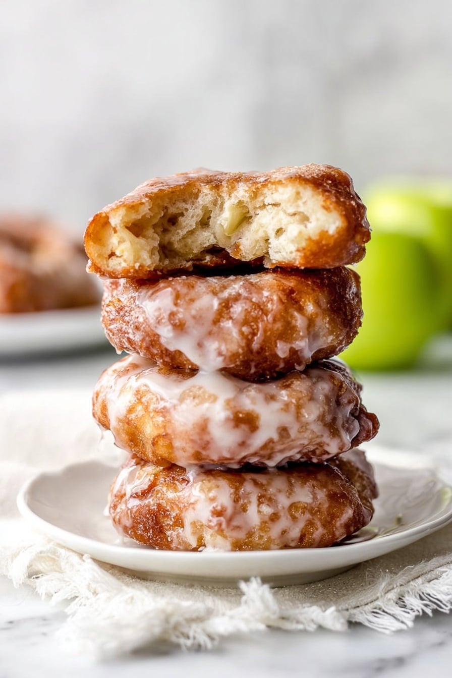 A stack of four round apple fritters sits on a small white plate resting on a white cloth with fringes, all placed on a white marbled surface. The bottom fritter is golden brown with a shiny white glaze dripping down its sides. The second and third fritters have a similar color and texture with glaze spots visible. The top fritter is broken in half, showing a soft, light beige inside filled with small apple pieces. The glaze on the fritters has a slightly uneven texture and some parts appear thicker. In the blurry background, a green apple is slightly visible. photo taken with an iphone --ar 2:3 --v 7 - Homemade Apple Fritters with Cinnamon Glaze, apple fritters, cinnamon glaze recipe, easy apple fritter recipe, homemade fried apple treats