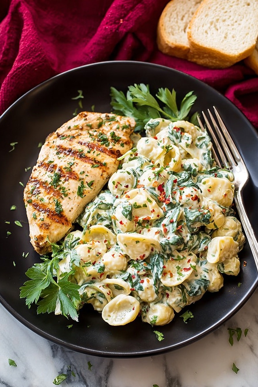 This close-up image shows a creamy dish with several layers: folded pasta pieces that are light yellow and soft, covered with a thick, white sauce that looks smooth and rich. The pasta is mixed with dark green spinach leaves scattered evenly throughout. Small red chili flakes and black pepper specks are sprinkled on top, adding a touch of red and black contrast. The dish is shown in a black pan, resting on a white marbled surface. photo taken with an iphone --ar 2:3 --v 7 - Creamy Spinach Artichoke Tortellini, spinach tortellini with artichoke, easy creamy cheese tortellini, healthy comfort food recipes, quick dinner ideas