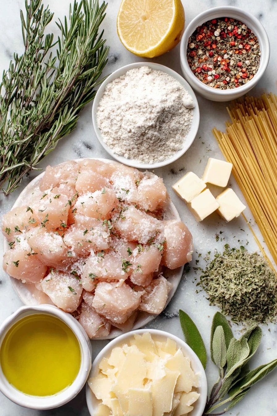Flat lay of diced raw chicken breast pieces, a small mound of all-purpose flour on a white ceramic plate, a few sprigs of fresh Italian seasoning herbs, a scatter of coarse salt and freshly ground black pepper on the side, several small cubes of unsalted butter placed neatly, a small white bowl with golden olive oil, minced fresh garlic cloves in a white bowl, a bundle of uncooked thin spaghetti, a small white bowl filled with dry white wine, a pinch of red pepper flakes in a tiny white bowl, a small white bowl with fresh lemon juice, a pile of chopped fresh parsley, and shredded parmesan cheese arranged on a white ceramic dish, all ingredients fresh and natural, placed on a clean white marble surface, soft natural light, photo taken with an iPhone, professional food photography style, fresh ingredients, white ceramic bowls, no bottles, no duplicates, no utensils, no packaging --ar 2:3 --v 7 --p m7354615311229779997 - Chicken Scampi with Wine and Lemon, easy chicken pasta with lemon and white wine, quick chicken scampi recipe, lemon chicken pasta dinner, flavorful chicken pasta dishes