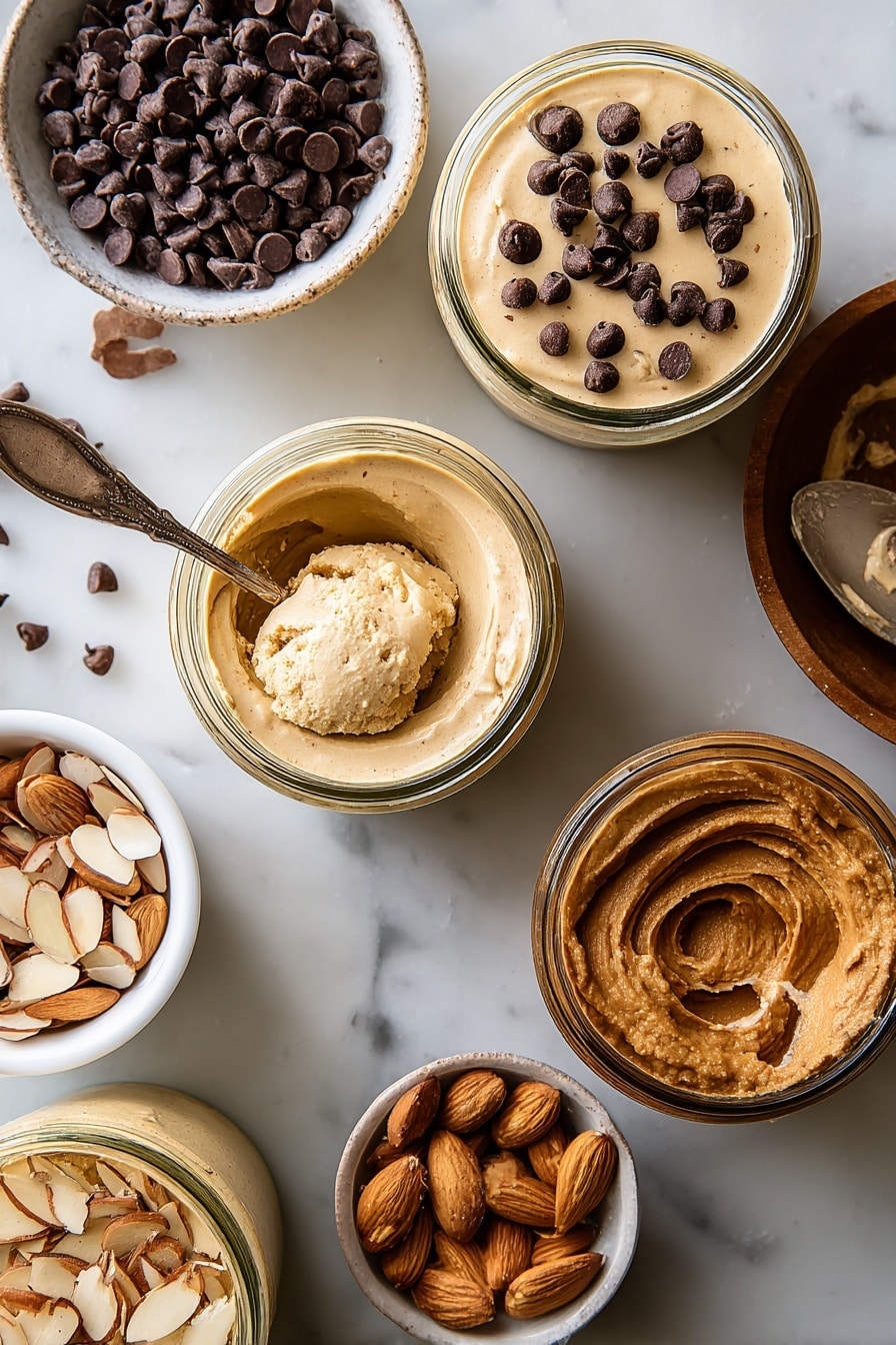The image shows four glass jars from above, each filled with creamy desserts of different layers and toppings. Two jars have a smooth tan layer topped with small dark chocolate chips scattered on top, giving a bumpy texture. One jar contains a light beige creamy layer with a scoop taken out, showing its soft texture inside. Another jar features a smooth tan layer with a swirl of darker brown nut butter and thin slices of almonds on top. Around the jars are a white bowl filled with dark chocolate chips, a wooden bowl with sliced almonds, and a few spoons, all placed on a white marbled surface. photo taken with an iphone --ar 2:3 --v 7 - High-Protein Ice Cream, healthy protein ice cream, easy protein desserts, homemade high-protein treat, guilt-free ice cream