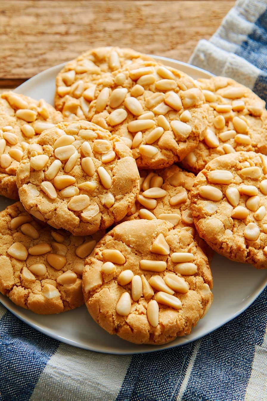 The image shows a close-up of several round cookies with a golden-brown color and a slightly rough texture. Each cookie is topped evenly with many light beige pine nuts, creating a crunchy layer on top. The cookies are placed on a wooden surface with a blue and white striped cloth in the background. The cookies have a soft but firm look with some splitting and cracks visible on the surface. photo taken with an iphone --ar 2:3 --v 7 - Pine Nut Almond Pignoli Cookies, easy pignoli cookie recipe, Italian pine nut cookies, chewy almond cookies, holiday cookie recipes