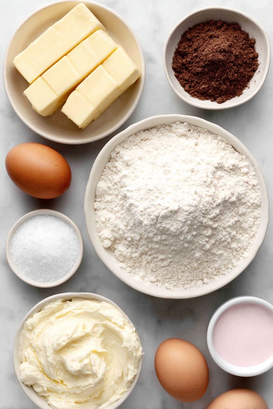 Flat lay of a small mound of all-purpose flour, a small pile of baking powder, a small pile of baking soda, a small heap of kosher salt, three sticks of unsalted butter at room temperature, a white ceramic bowl filled with granulated sugar, two whole brown eggs with clean shells, a small white bowl of almond extract, a small white bowl of pure vanilla extract, a white ceramic bowl with powdered sugar, a small white bowl of heavy cream, and a small white bowl with light pink frosting dye placed with perfect symmetry and realistic proportions, placed on a clean white marble surface, soft natural light, photo taken with an iPhone, professional food photography style, fresh ingredients, white ceramic bowls, no bottles, no duplicates, no utensils, no packaging --ar 2:3 --v 7 --p m7354615311229779997 - Copycat Crumbl Sugar Cookies, homemade sugar cookies, soft buttery cookies, easy cookie recipe, best sugar cookie copycat
