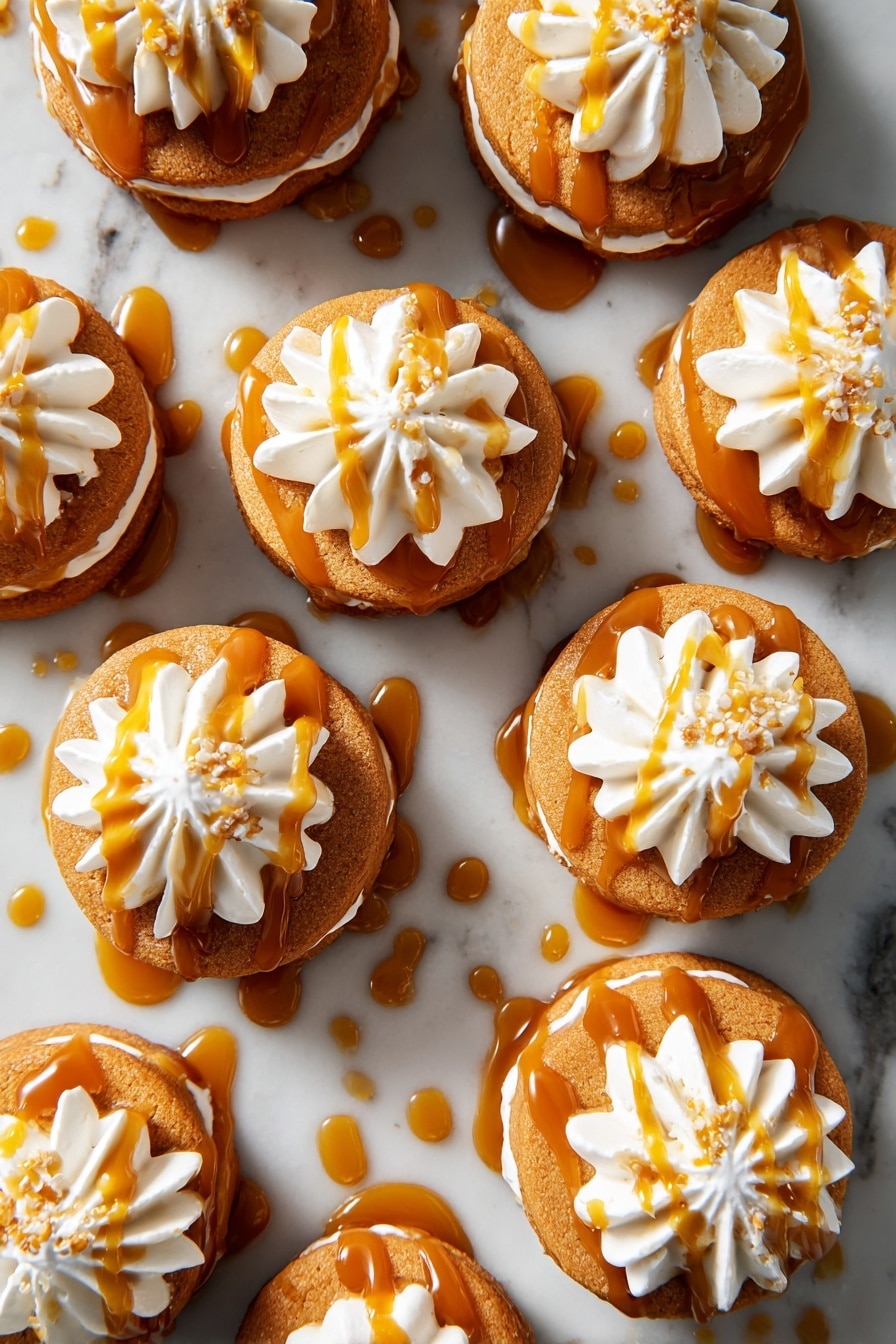 The image shows three tall stacks of layered desserts on a white marbled surface. Each stack has five golden-brown cookie layers with a slightly rough texture. Between the cookie layers, there are thick, soft white cream layers with visible specks, piped in ridged waves that create a textured look. On top of each stack, there is a peak of the same white cream standing upright. Smooth, shiny caramel sauce is slowly being poured over the top cream peaks and cookies, dripping down and pooling slightly at the base. The background is a soft pale blue fading into white, giving a clean and bright look. photo taken with an iphone --ar 2:3 --v 7 - No-Bake Gingerbread Icebox Cake, gingerbread dessert, no-bake holiday cake, easy gingerbread treat, festive icebox dessert