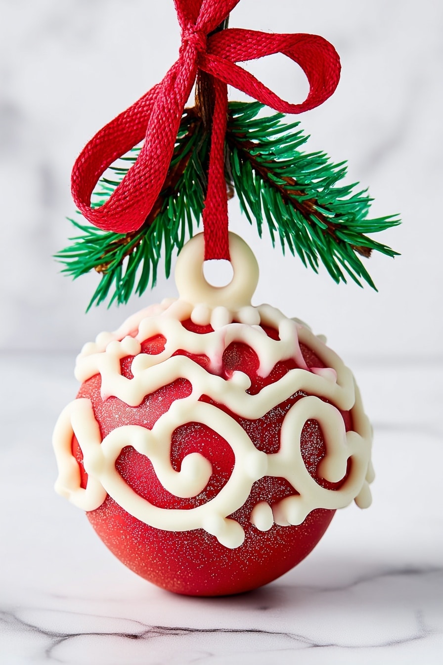 The image shows a round red Christmas cookie decorated to look like an ornament hanging from a green pine branch with a red ribbon looped at the top. The cookie has a shiny, slightly sparkling red base layer with thick white icing in looped and wavy patterns placed evenly over it. The icing also covers the loop at the top where the ribbon is attached. The background has a clean white marbled texture. photo taken with an iphone --ar 2:3 --v 7 - Festive Cake Ball Ornaments, cake ball holiday decorations, edible Christmas ornaments, holiday cake ball ideas, Christmas dessert crafts