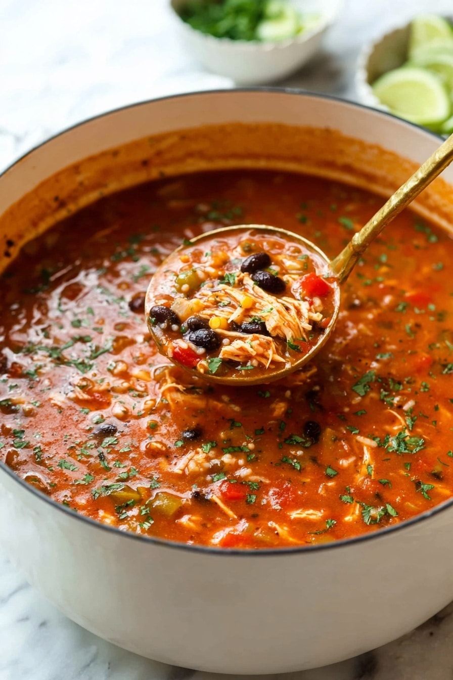 A large white pot filled with a thick, red-orange soup that has visible pieces of rice, black beans, and small slices of red and yellow bell peppers. The soup is topped with chopped green herbs scattered evenly across the surface. A gold ladle lifts a spoonful of the soup, showing its chunky texture with rice grains and beans mixed in. In the background, a woman's hand holds the ladle, and there are blurred white bowls with lime wedges and some green herbs on a white marbled surface. photo taken with an iphone --ar 2:3 --v 7 - Chicken Tomato Rice Soup, easy chicken soup with rice and tomatoes, comforting one-pot chicken and rice soup, flavorful tomato chicken soup recipe, hearty chicken and rice soup