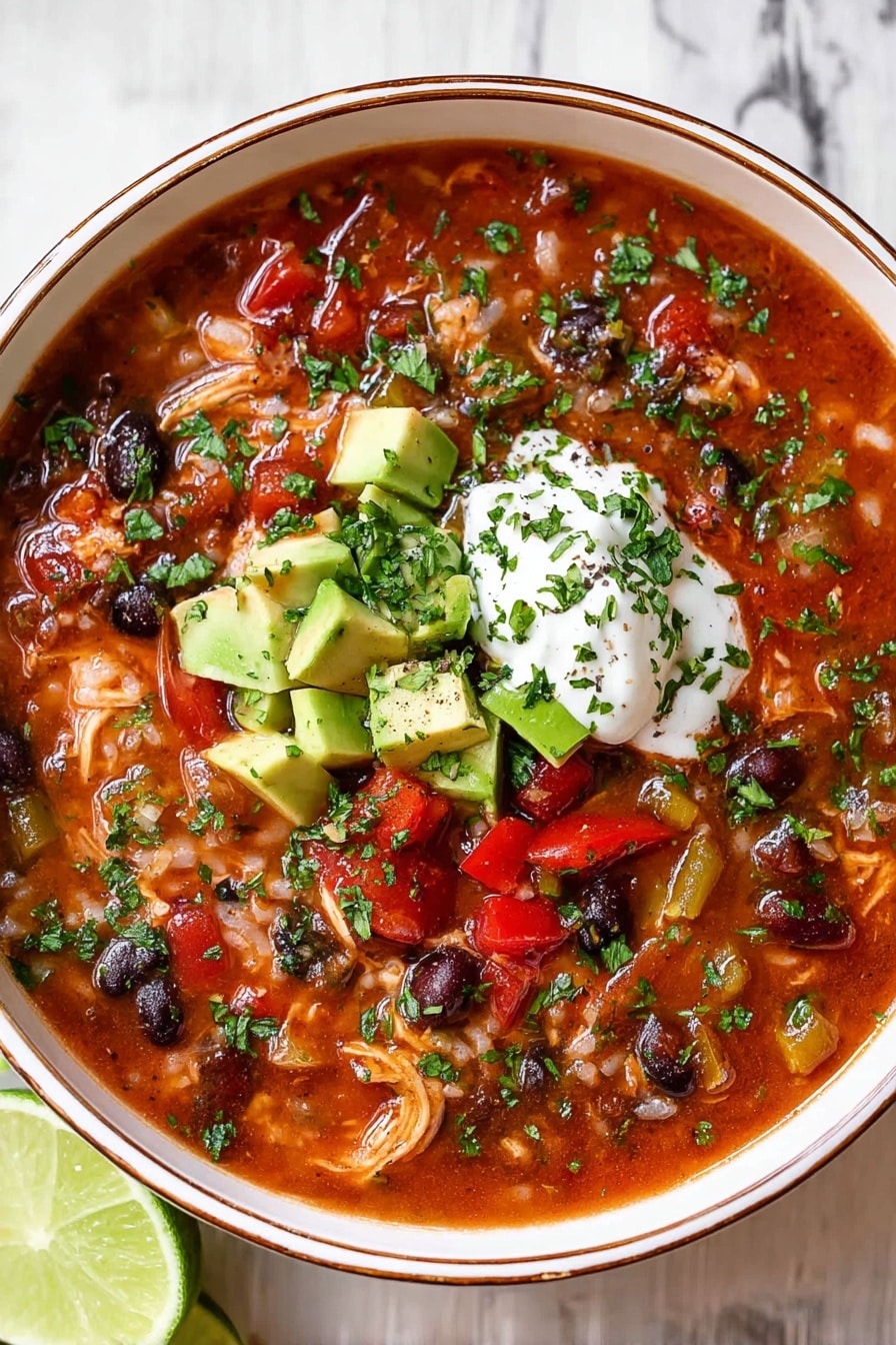 A white bowl filled with a thick stew showing three main layers: a creamy tomato base with visible rice, black beans, red bell peppers, and small pieces of chicken making up the bottom layer, a top layer of fresh diced avocado and tomato cubes spread evenly, and a dollop of white sour cream alongside a bright green lime wedge resting on the stew, all sprinkled lightly with chopped green herbs. The bowl is set on a white marbled surface with some scattered herbs around it, and golden spoons and a small plate with lime wedges resting in the background. Photo taken with an iphone --ar 2:3 --v 7 - Chicken Tomato Rice Soup, easy chicken soup with rice and tomatoes, comforting one-pot chicken and rice soup, flavorful tomato chicken soup recipe, hearty chicken and rice soup