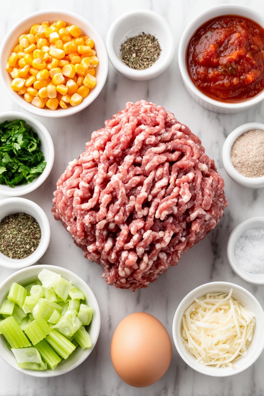 Flat lay of a mound of fresh raw lean ground beef, half a yellow onion diced, four medium fresh orange carrots thinly sliced, three fresh celery stalks thinly sliced, two cups roughly chopped green cabbage, a small white bowl of bright red diced tomatoes with juices, a small white bowl of smooth red tomato sauce, a small white bowl of rinsed kidney beans, a small white bowl of thawed yellow corn kernels, a small white bowl of water, a small white bowl of coarse salt, a small white bowl of dried basil leaves, a small white bowl of dried parsley flakes, a small white bowl of dried oregano, a small white bowl of pale garlic powder, a small white bowl of black pepper, one whole uncracked light brown egg, small fresh sprigs of Italian parsley, a small white bowl with a few shreds of fresh pale yellow Parmesan cheese, all arranged with perfect symmetry on a clean white marble surface, soft natural light, photo taken with an iPhone, professional food photography style, fresh ingredients, white ceramic bowls, no bottles, no duplicates, no utensils, no packaging --ar 2:3 --v 7 --p m7354615311229779997 - Italian Vegetable Soup, hearty vegetable soup, easy Italian soup, healthy vegetable soup, Italian-inspired stew