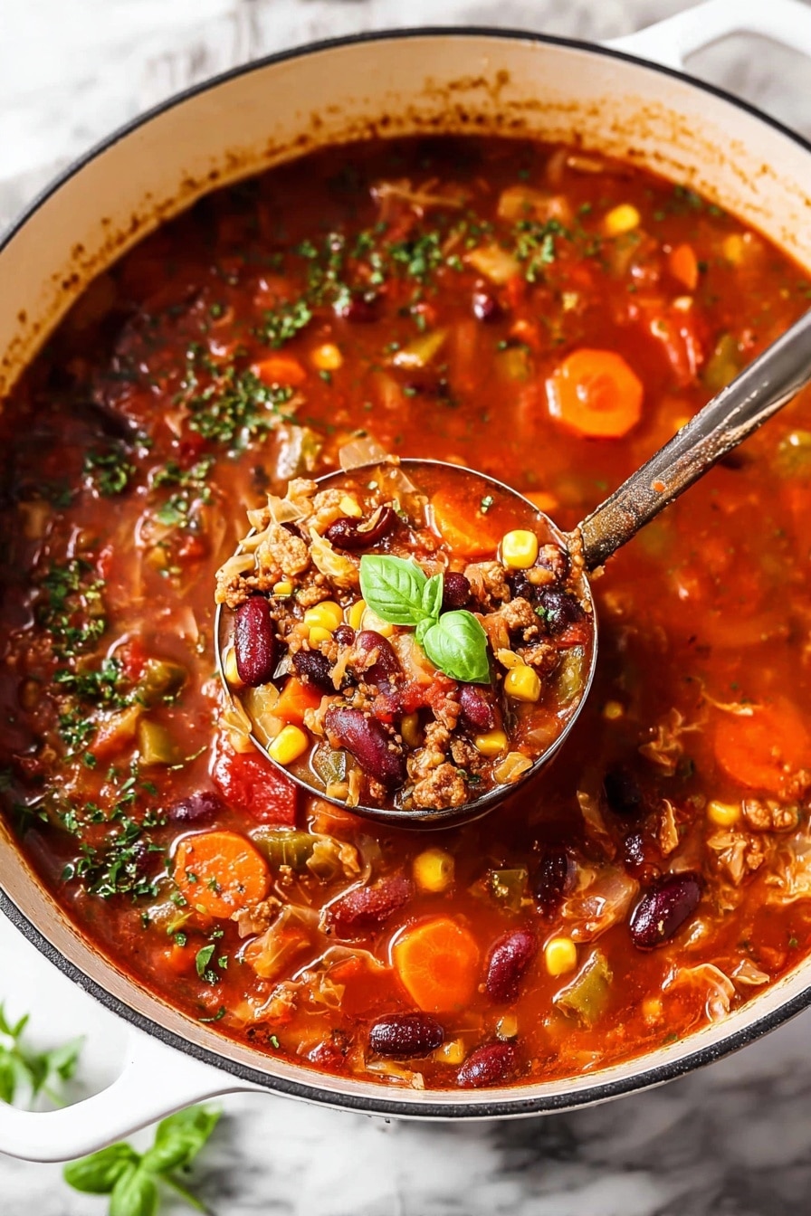 A large white pot filled with a thick stew showing many layers: a red tomato broth base, scattered orange round carrot slices, light green celery pieces, dark red kidney beans, yellow corn kernels, small brown minced meat bits, and some shredded light brown cabbage mixed throughout. The stew is garnished with small green chopped herbs, with a small bunch of fresh bright green basil leaves floating near the center. A metal ladle is scooping some stew, showing a close-up of the same mix of ingredients. The pot sits on a white marbled surface. photo taken with an iphone --ar 2:3 --v 7 - Italian Vegetable Soup, hearty vegetable soup, easy Italian soup, healthy vegetable soup, Italian-inspired stew